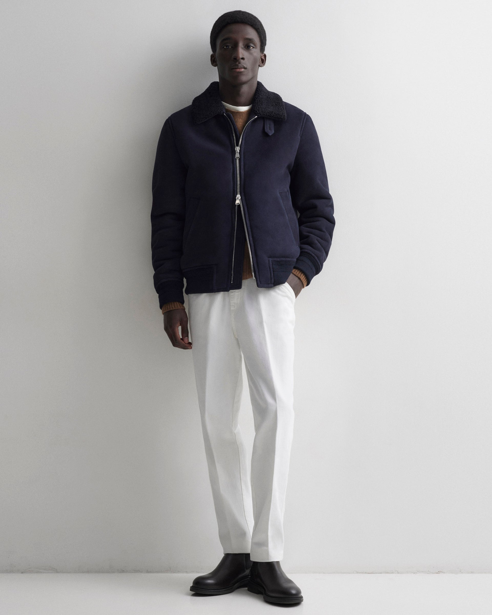 Giubbotto aviatore in montone suede. Blu - Dark blue