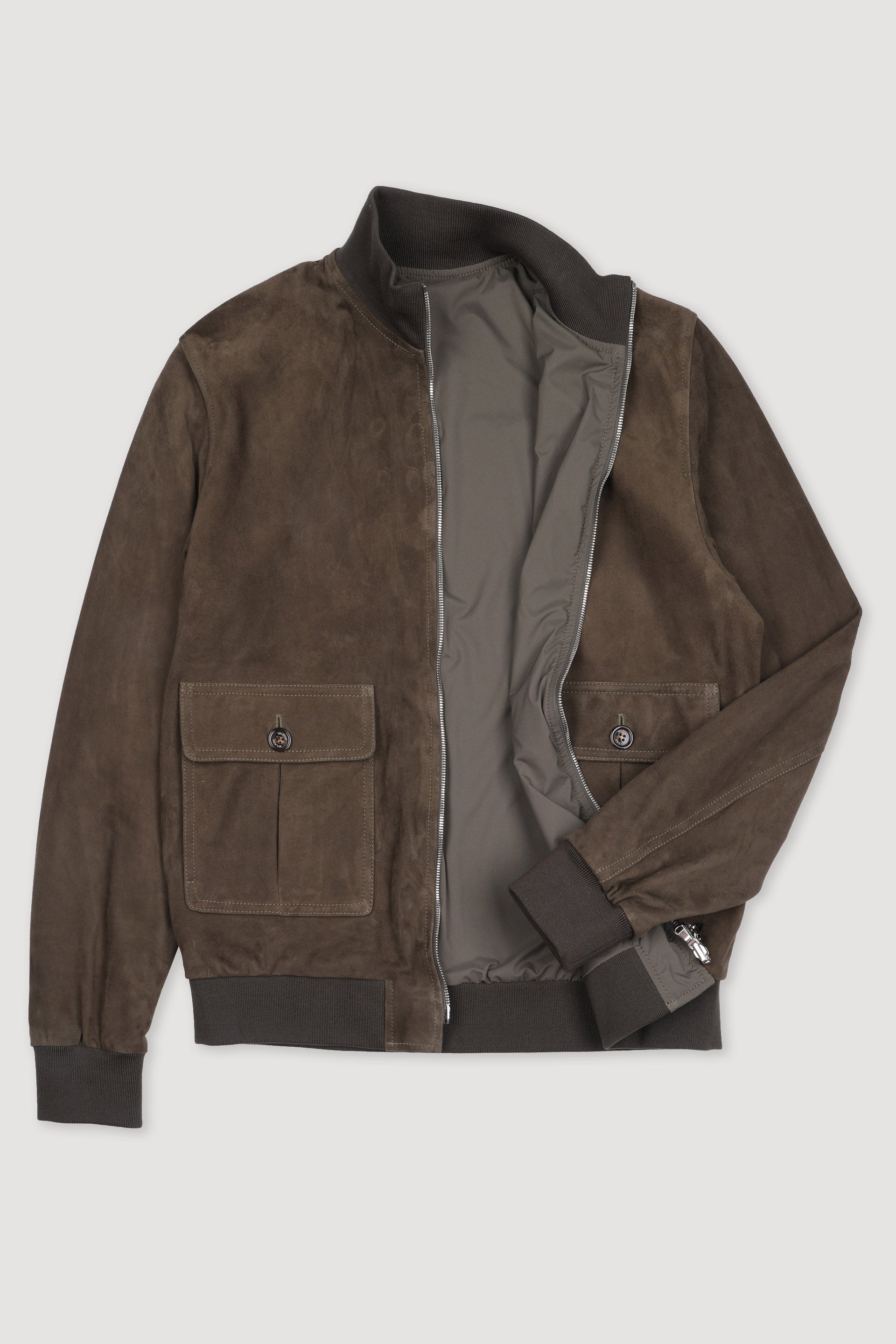 Reversible Zip jacket in suede leather and water repellent fabric. Gre