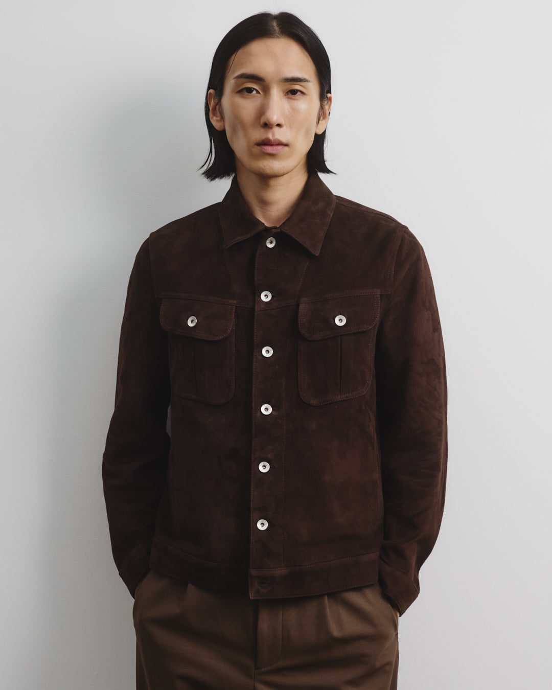 Davis unlined trucker jacket in suede leather. Brown - Caffè