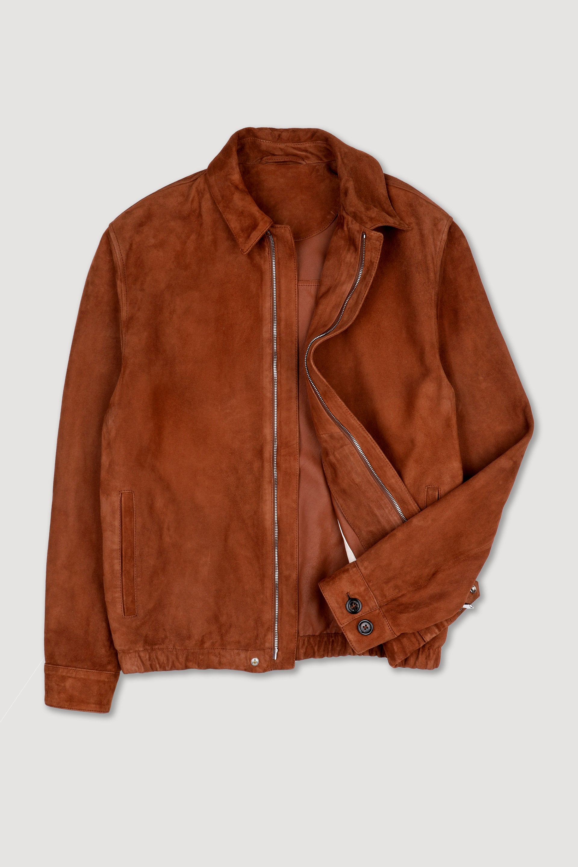 Unlined zip jacket in suede leather. Brown - Dark sandal