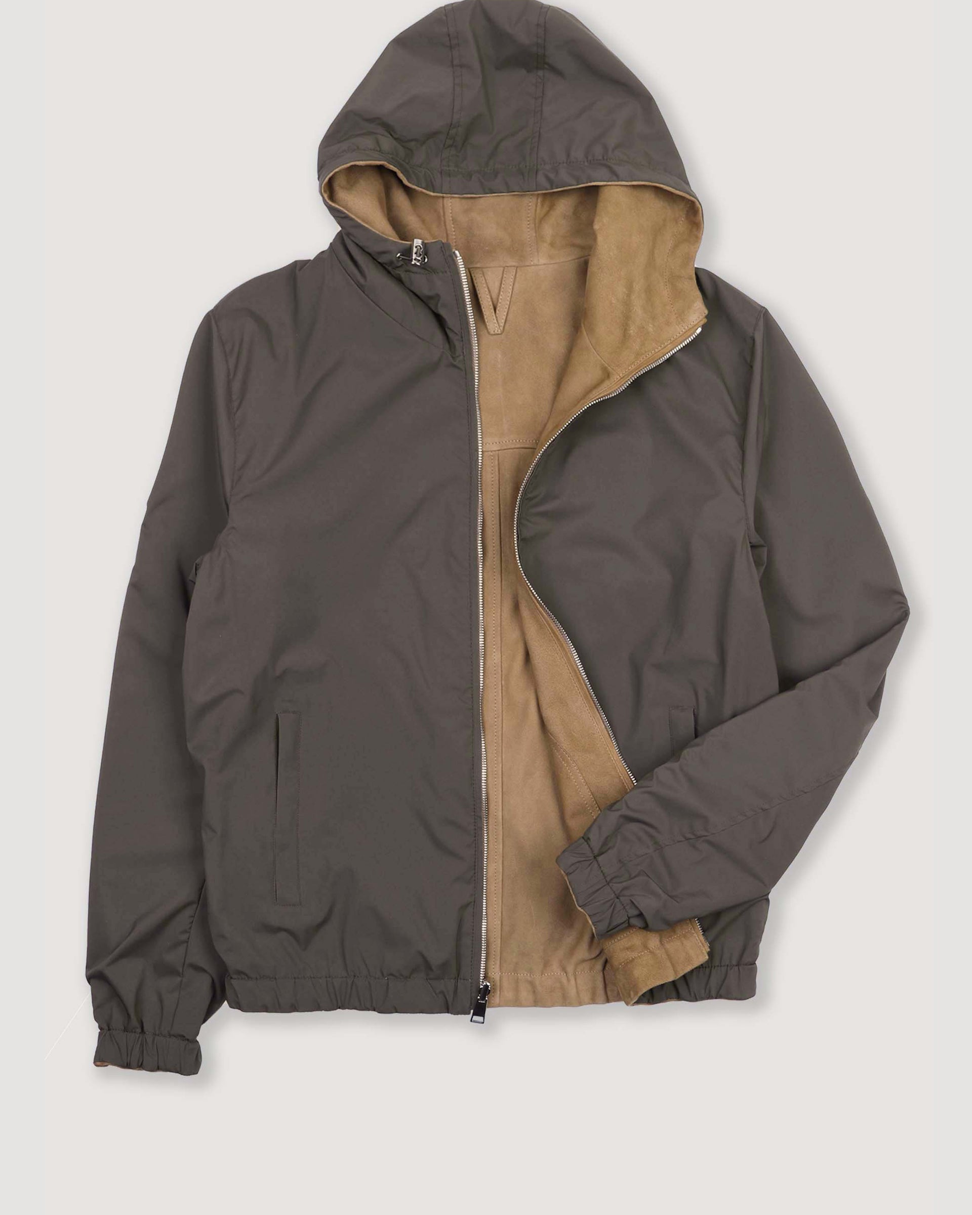 Giubbotto Coyle reversibile con cappuccio in suede e tessuto waterproof. Beige - Arachide/Military