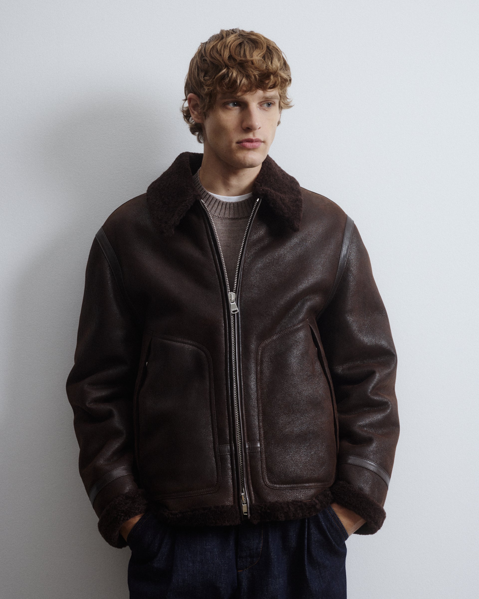 Giubbotto aviatore Coburn in montone suede cerato. Marrone - Testa di moro