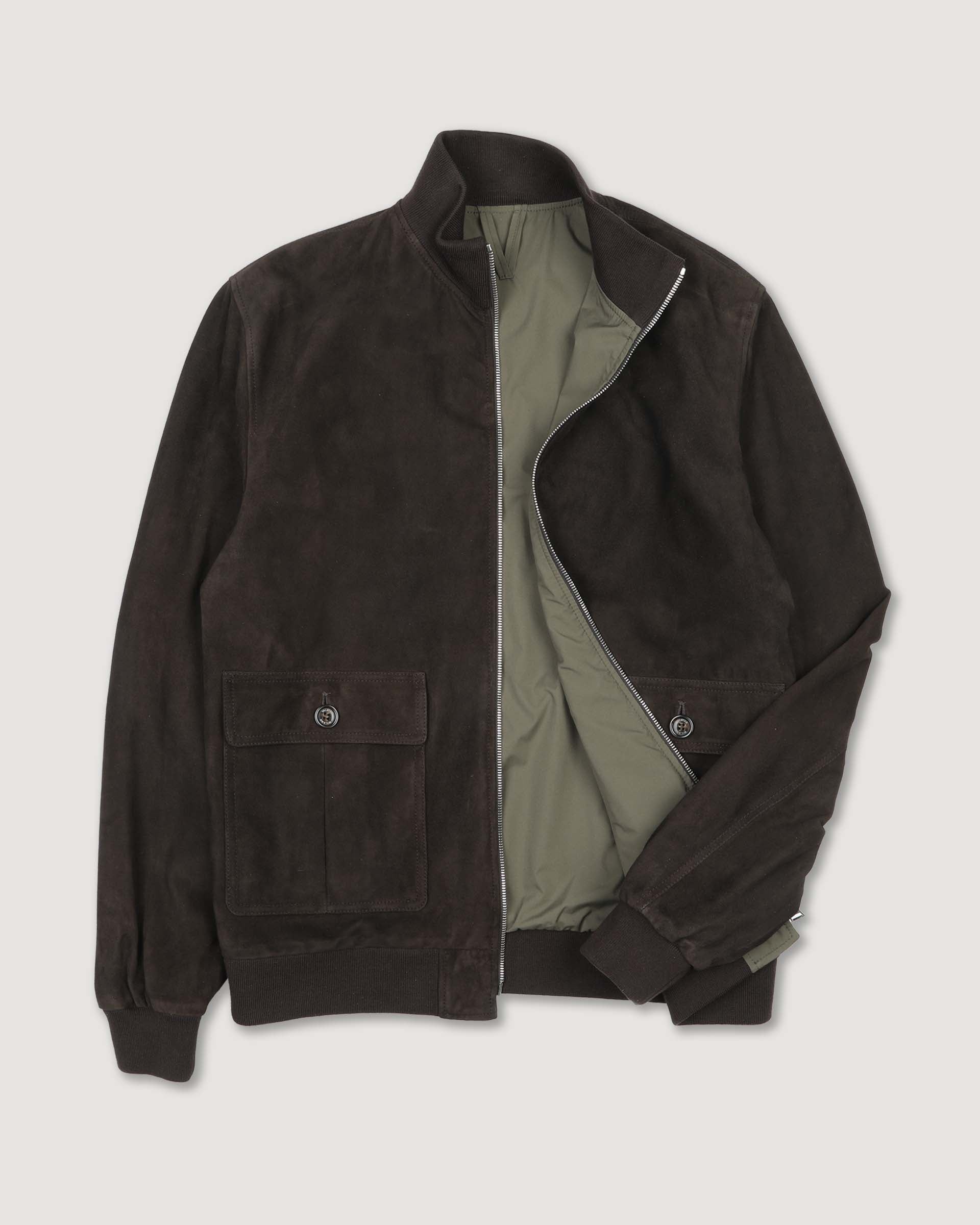 Giubbotto con zip reversibile in suede e tessuto waterproof. Verde - Ebano/Military