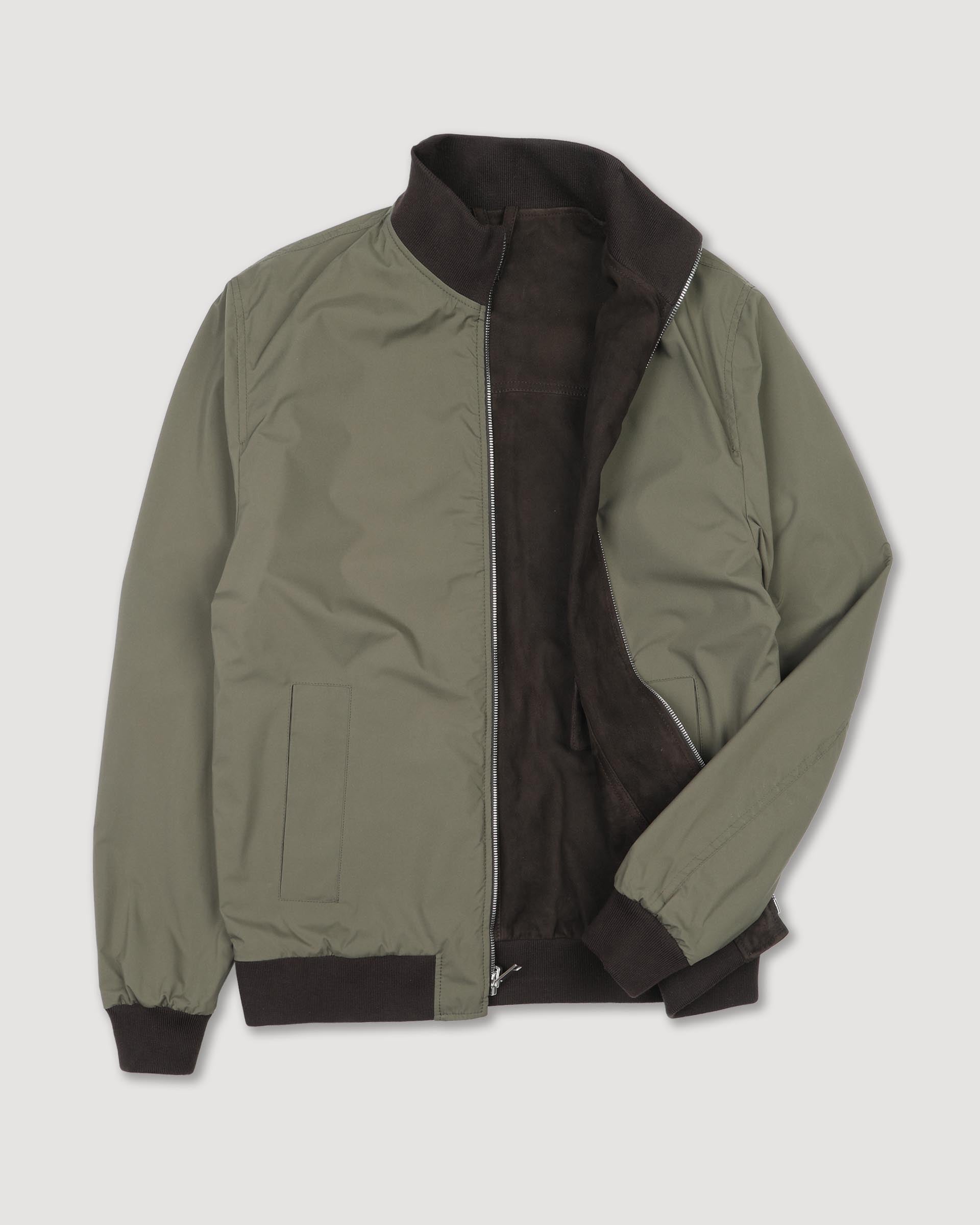 Giubbotto con zip reversibile in suede e tessuto waterproof. Verde - Ebano/Military