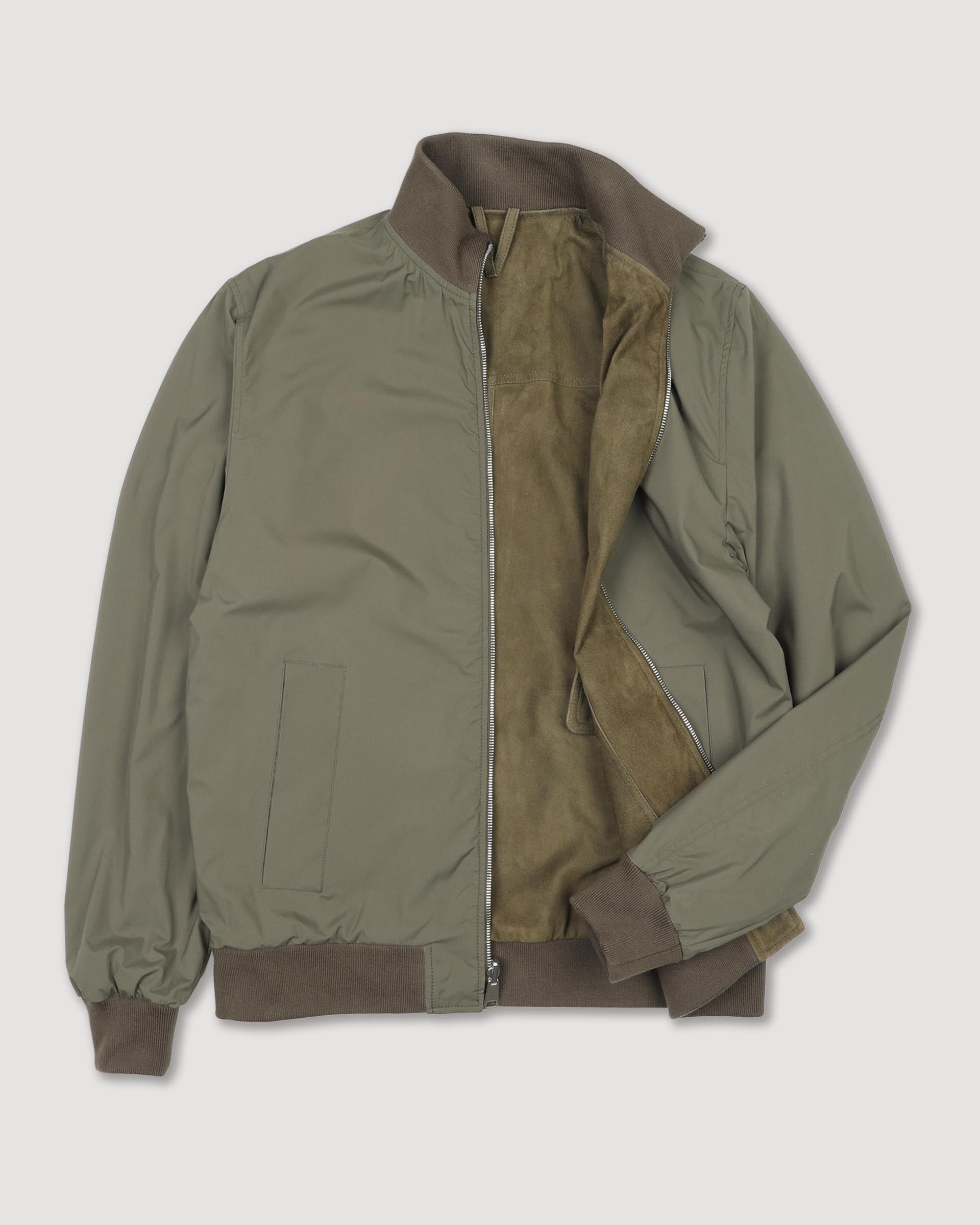 Giubbotto con zip reversibile in suede e tessuto waterproof. Verde - Muschio/Military