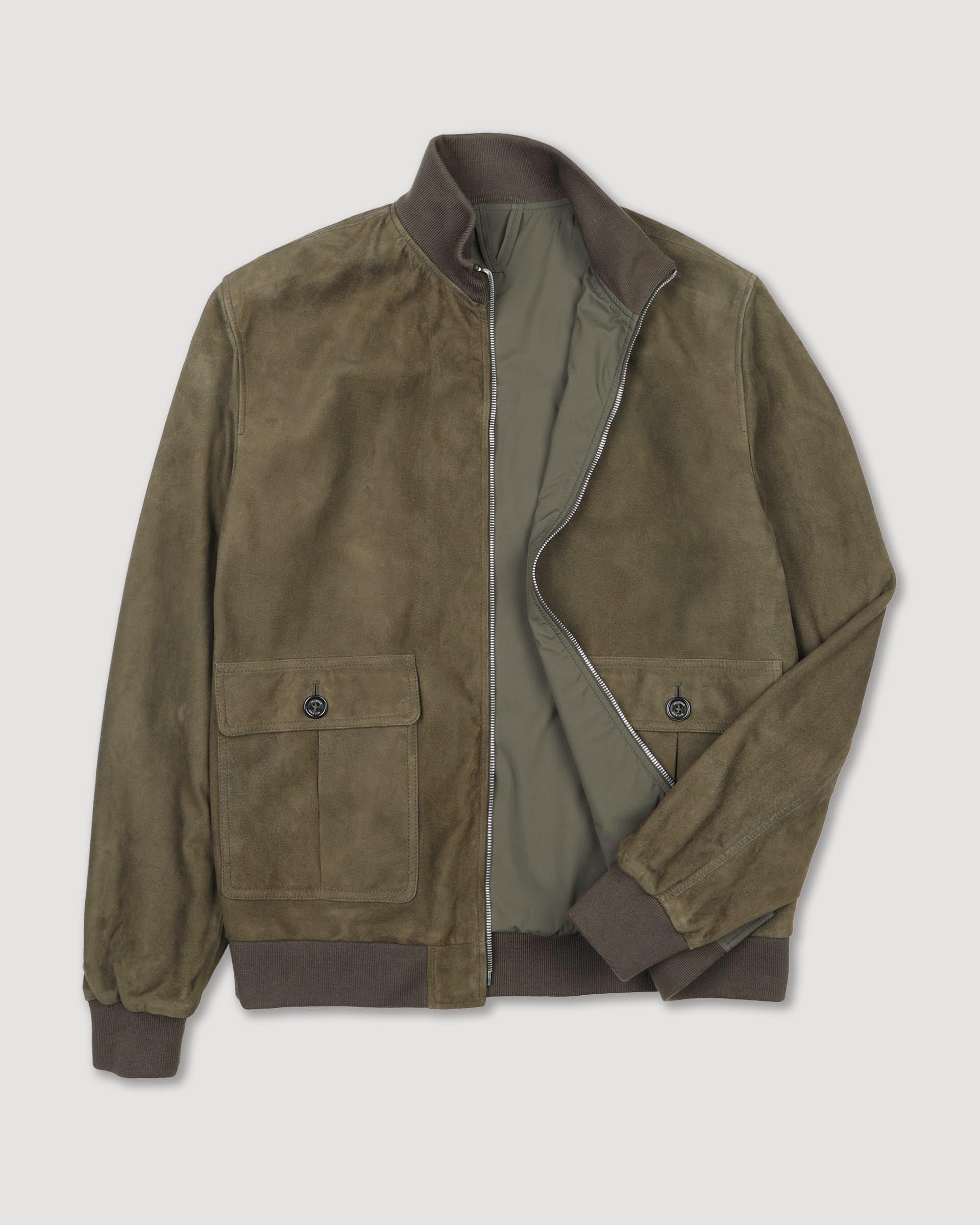 Giubbotto con zip reversibile in suede e tessuto waterproof. Verde - Muschio/Military