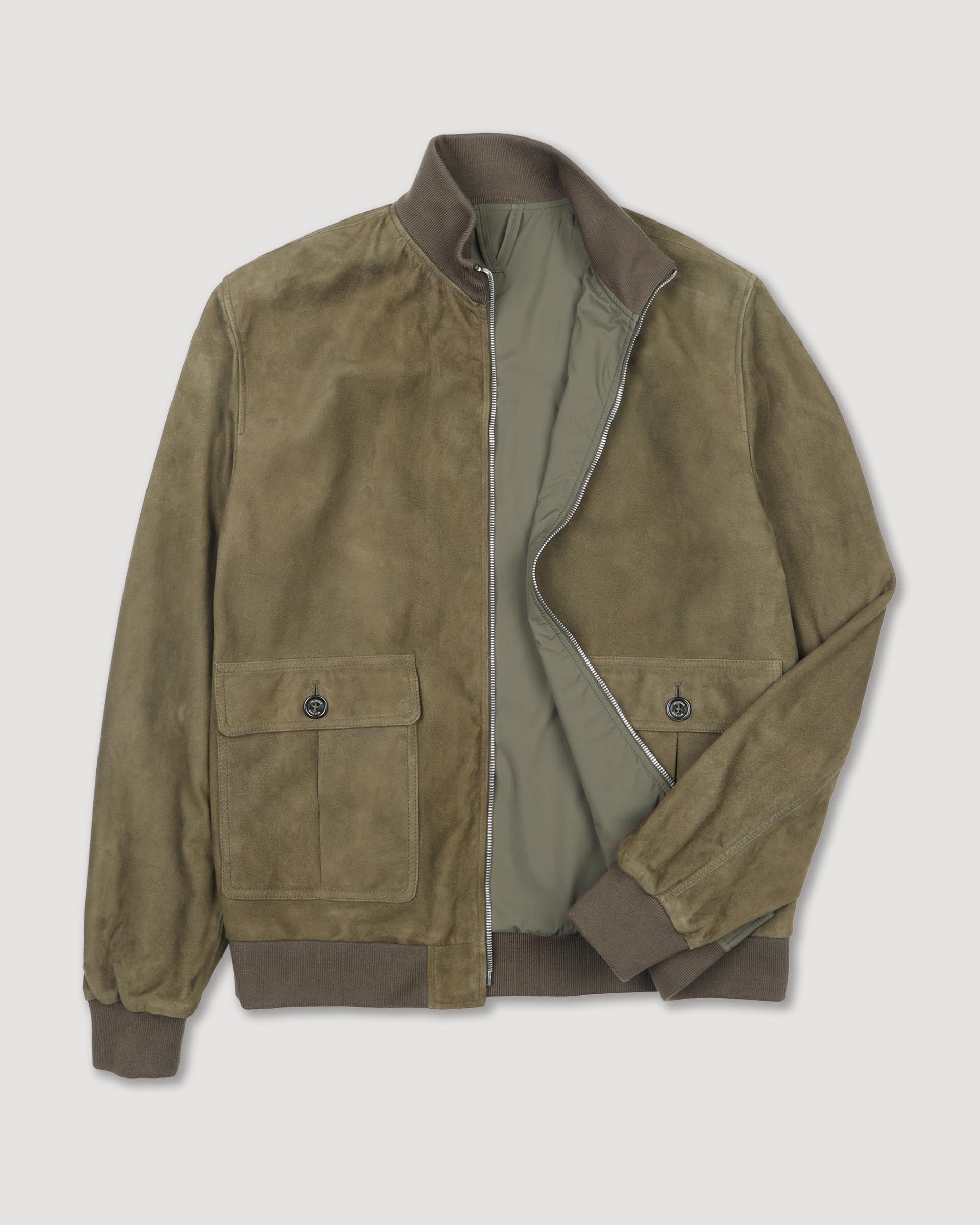 Giubbotto con zip reversibile in suede e tessuto waterproof. Verde - Muschio/Military