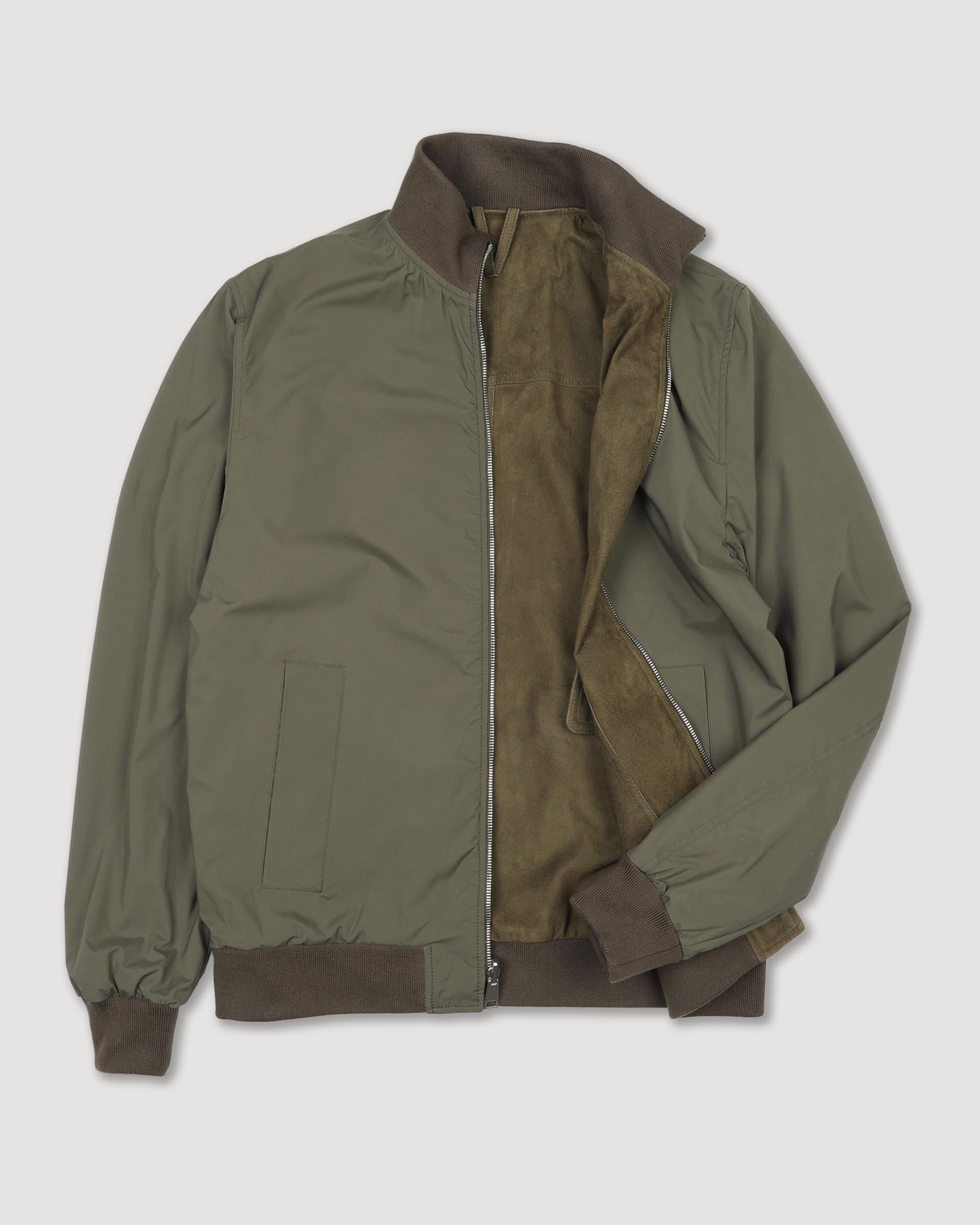 Giubbotto con zip reversibile in suede e tessuto waterproof. Verde - Muschio/Military