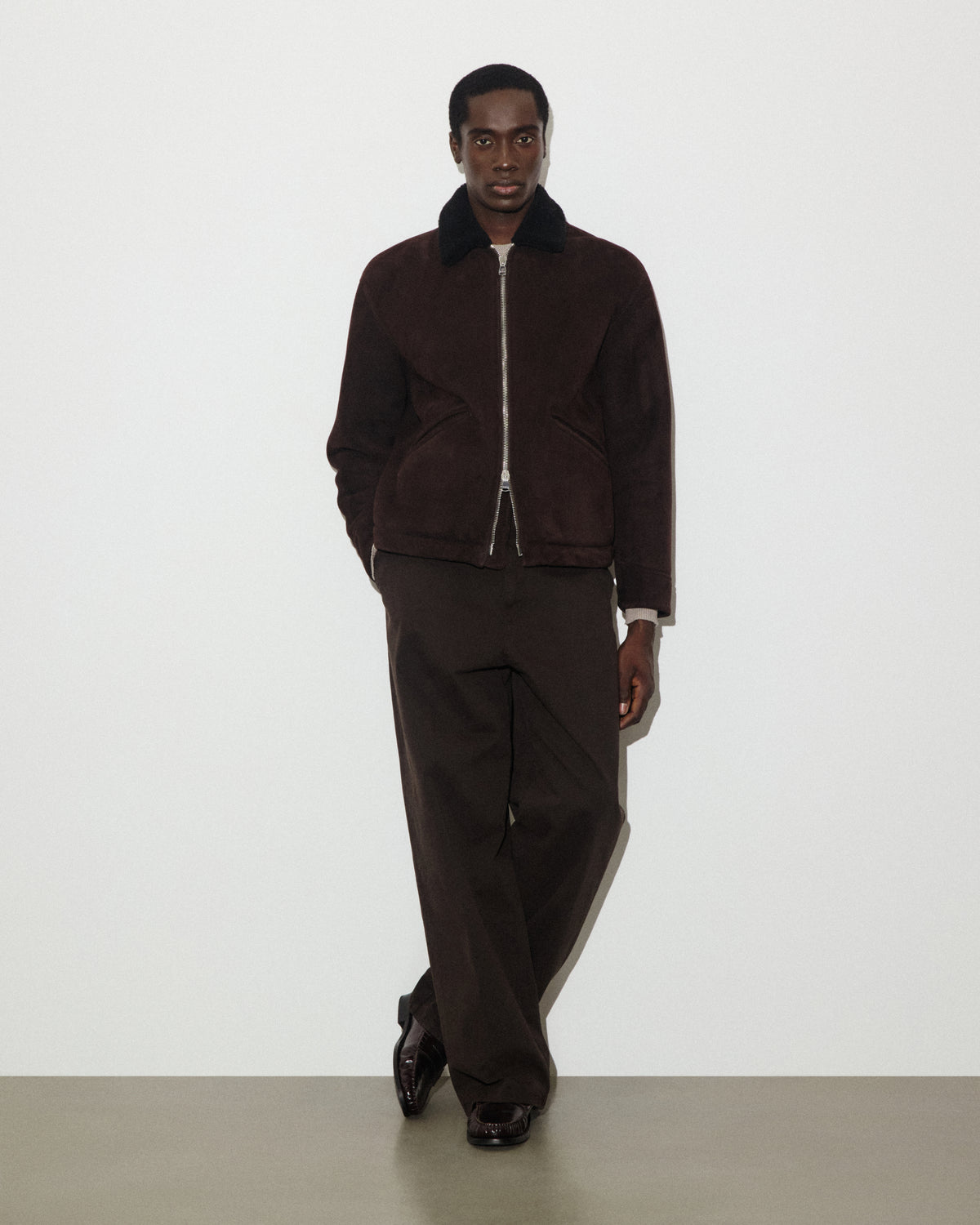 Zip jacket Henry in montone suede. Marrone - Testa di moro/Moro scuro