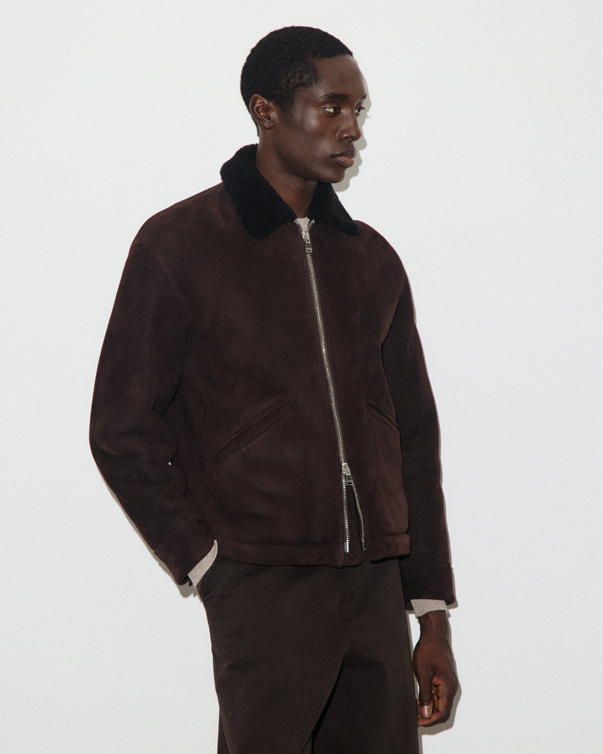 Zip jacket Henry in montone suede. Marrone - Testa di moro/Moro scuro