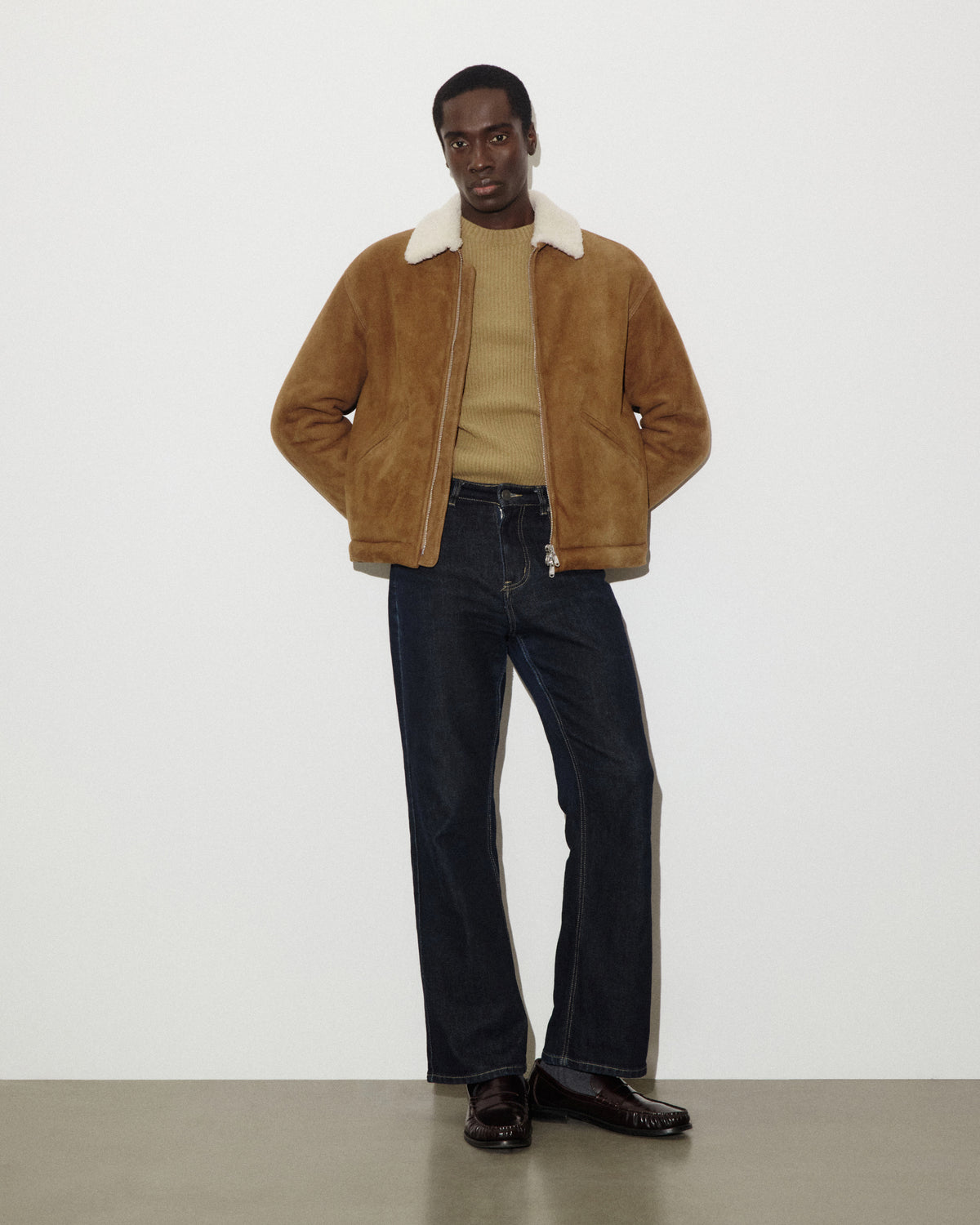 Zip jacket Henry in montone suede. Marrone - Sandal/Naturale