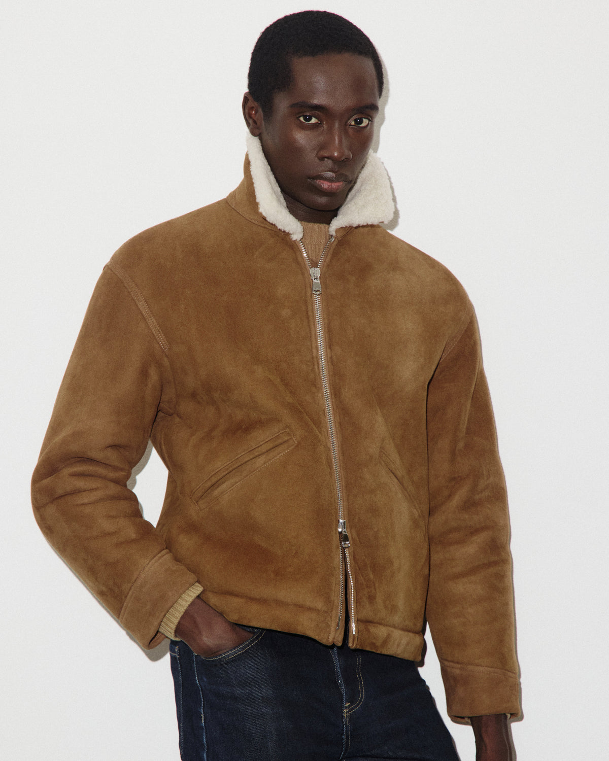 Zip jacket Henry in montone suede. Marrone - Sandal/Naturale