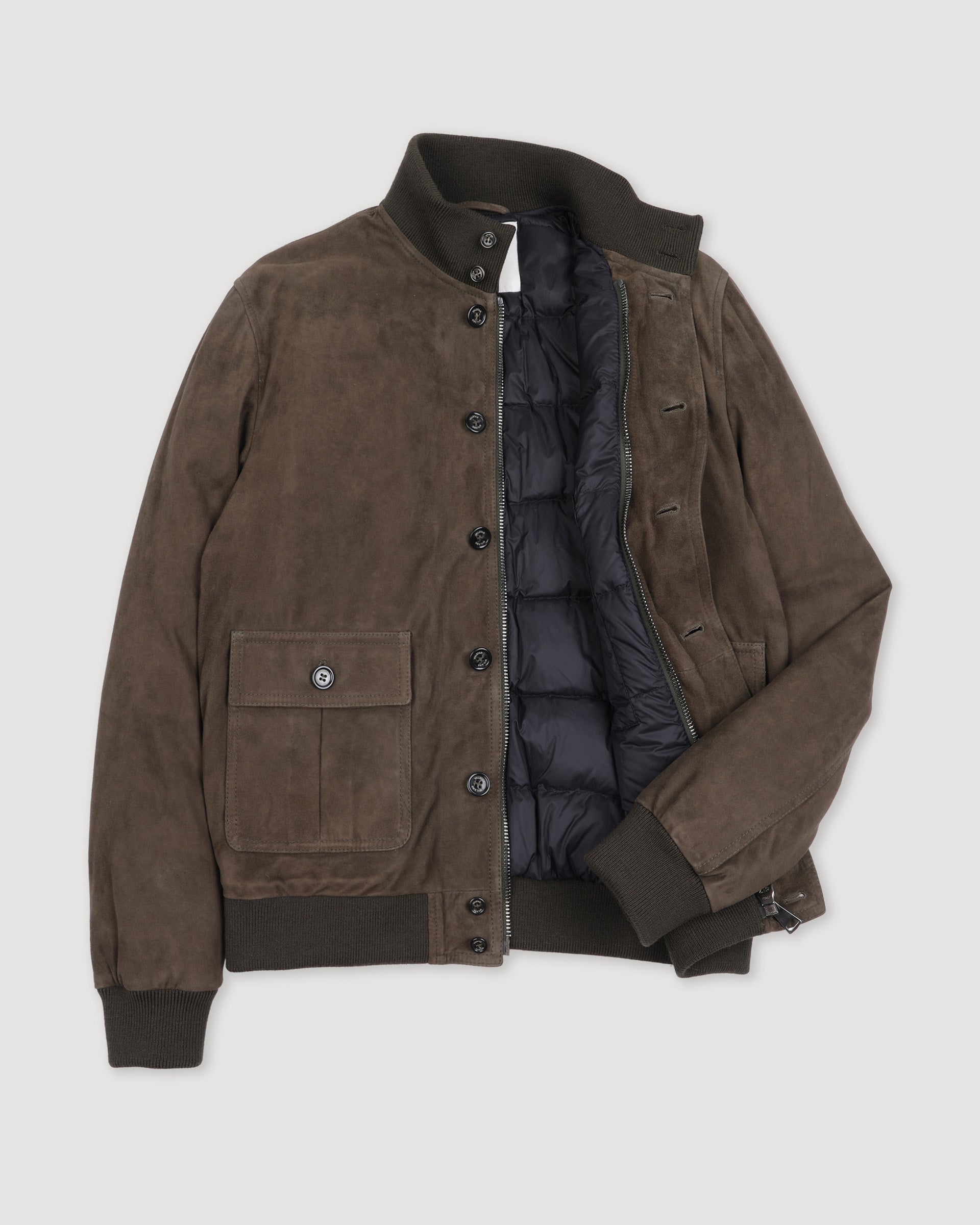 Giubbotto Valstarino in suede imbottito in piuma con loop su collo dietro. Verde - Muschio