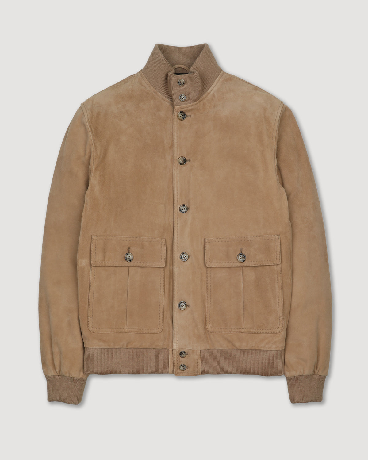 UOMO-GIUBBOTTO (VALSTARINO ) COLLO ALTO CON BOTTONI E ZIP CON TASCHE APPLICATE IN LIGHT SUEDE IMBOTTITO IN PIUMA, COLLO POLSI E FONDO SMACCHINATI IN MISTO LANA - Arachide