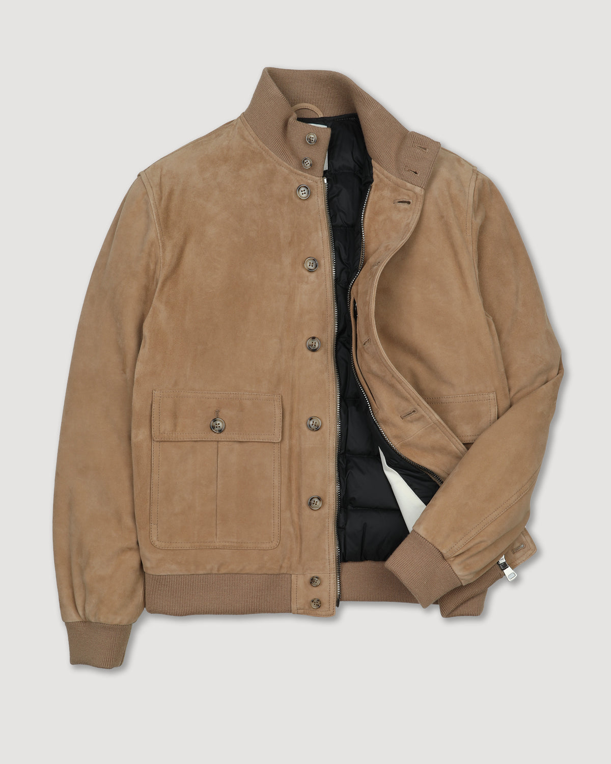 UOMO-GIUBBOTTO (VALSTARINO ) COLLO ALTO CON BOTTONI E ZIP CON TASCHE APPLICATE IN LIGHT SUEDE IMBOTTITO IN PIUMA, COLLO POLSI E FONDO SMACCHINATI IN MISTO LANA - Arachide