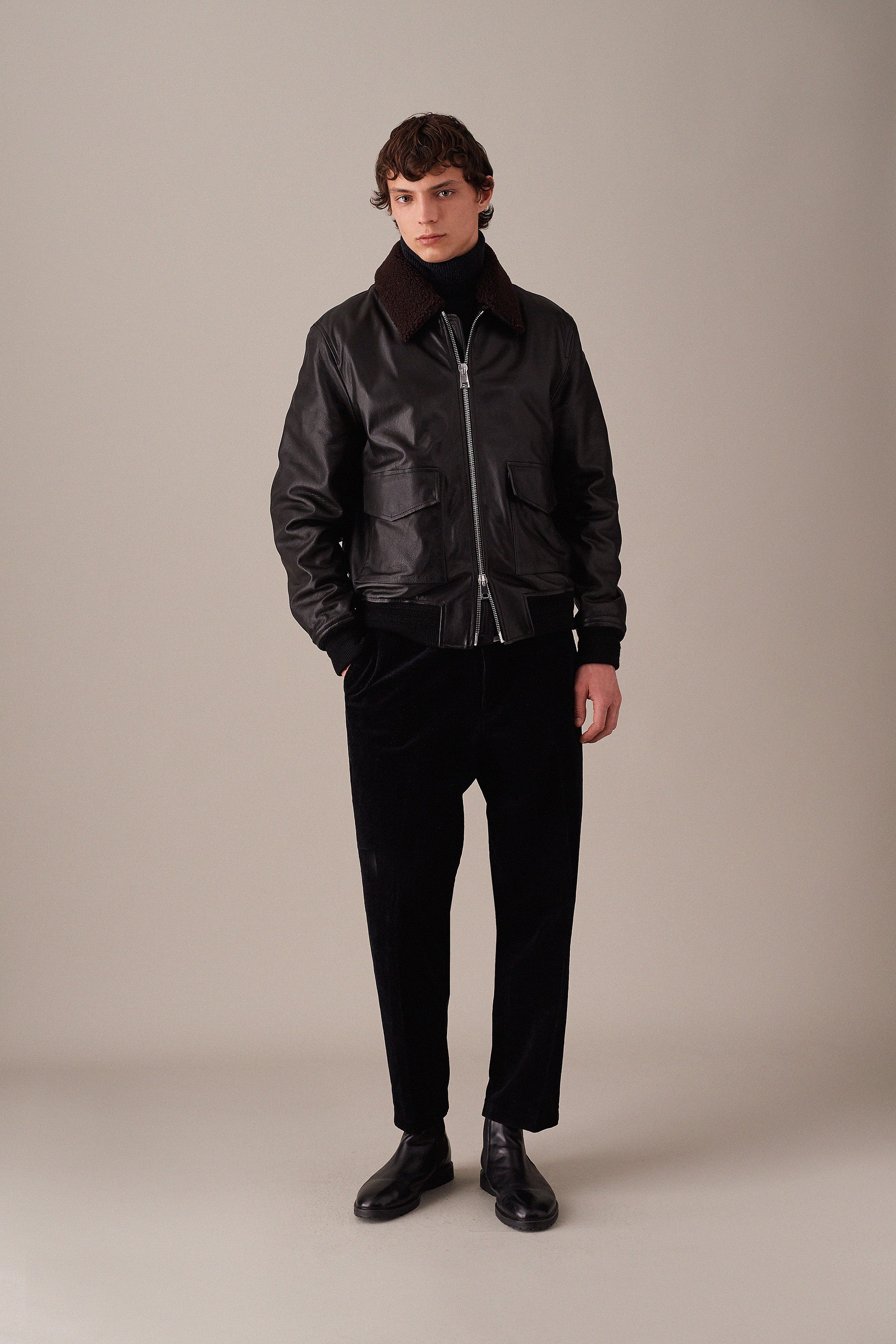 Padded nappa leather flight jacket with detachable shearling collar -
