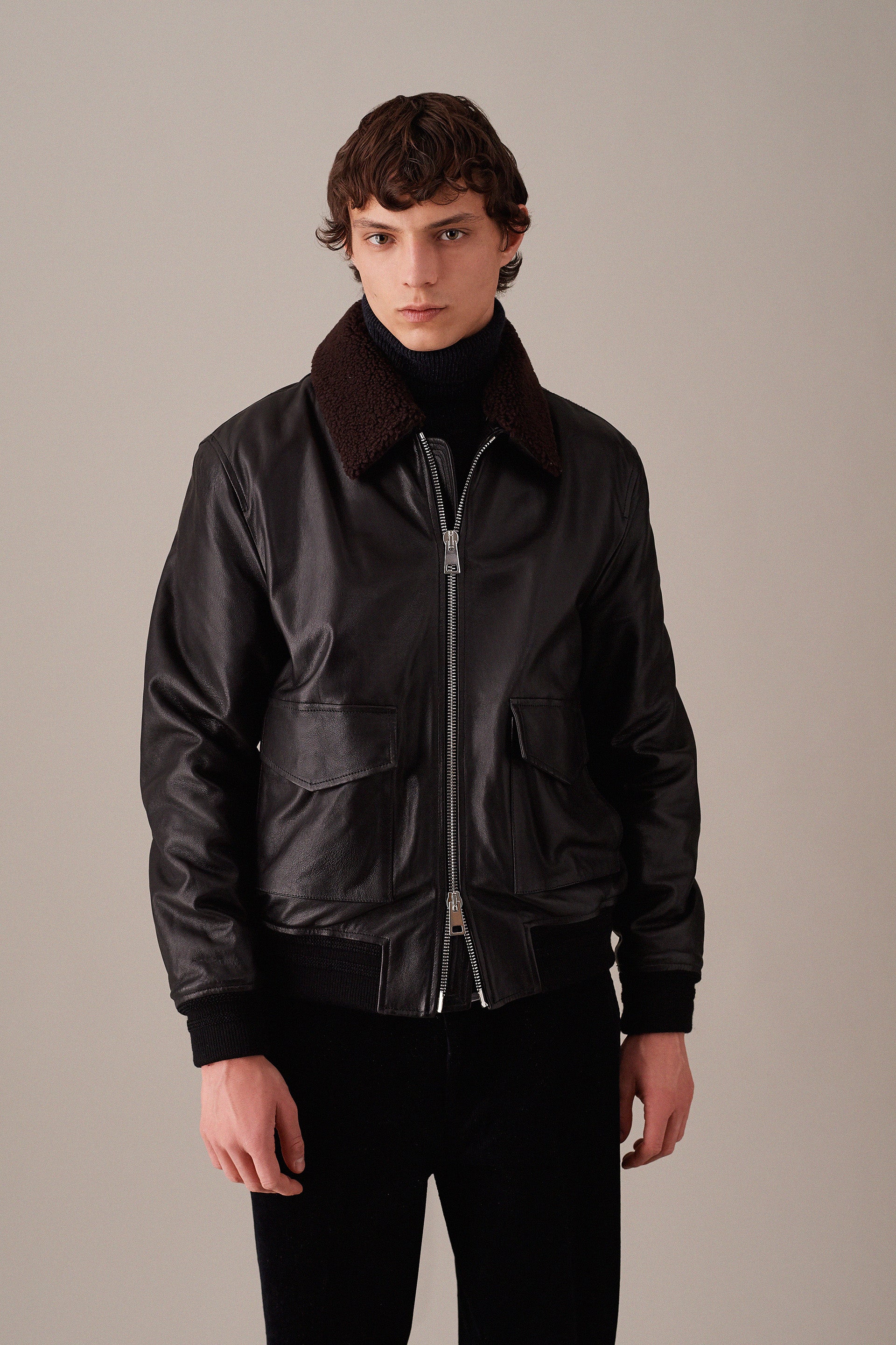 Padded nappa leather flight jacket with detachable shearling collar -