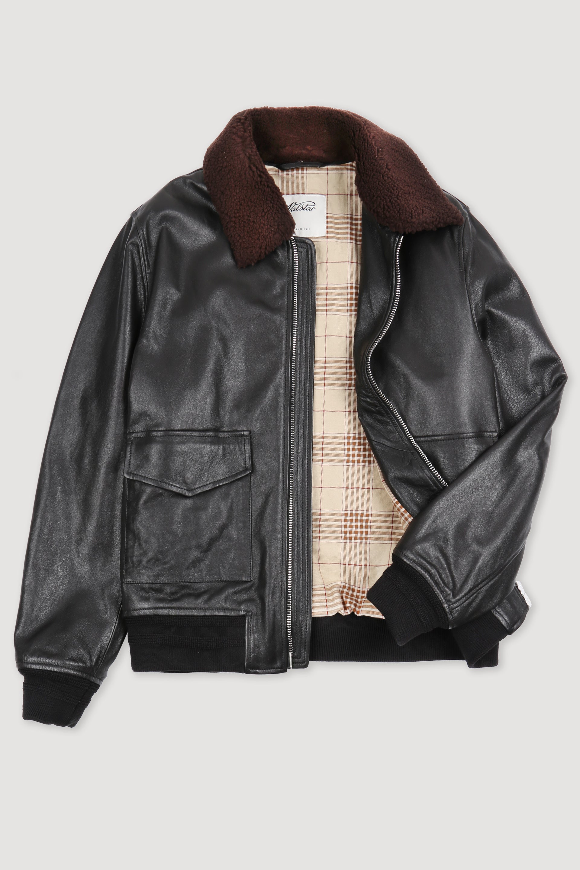 Padded nappa leather flight jacket with detachable shearling collar -