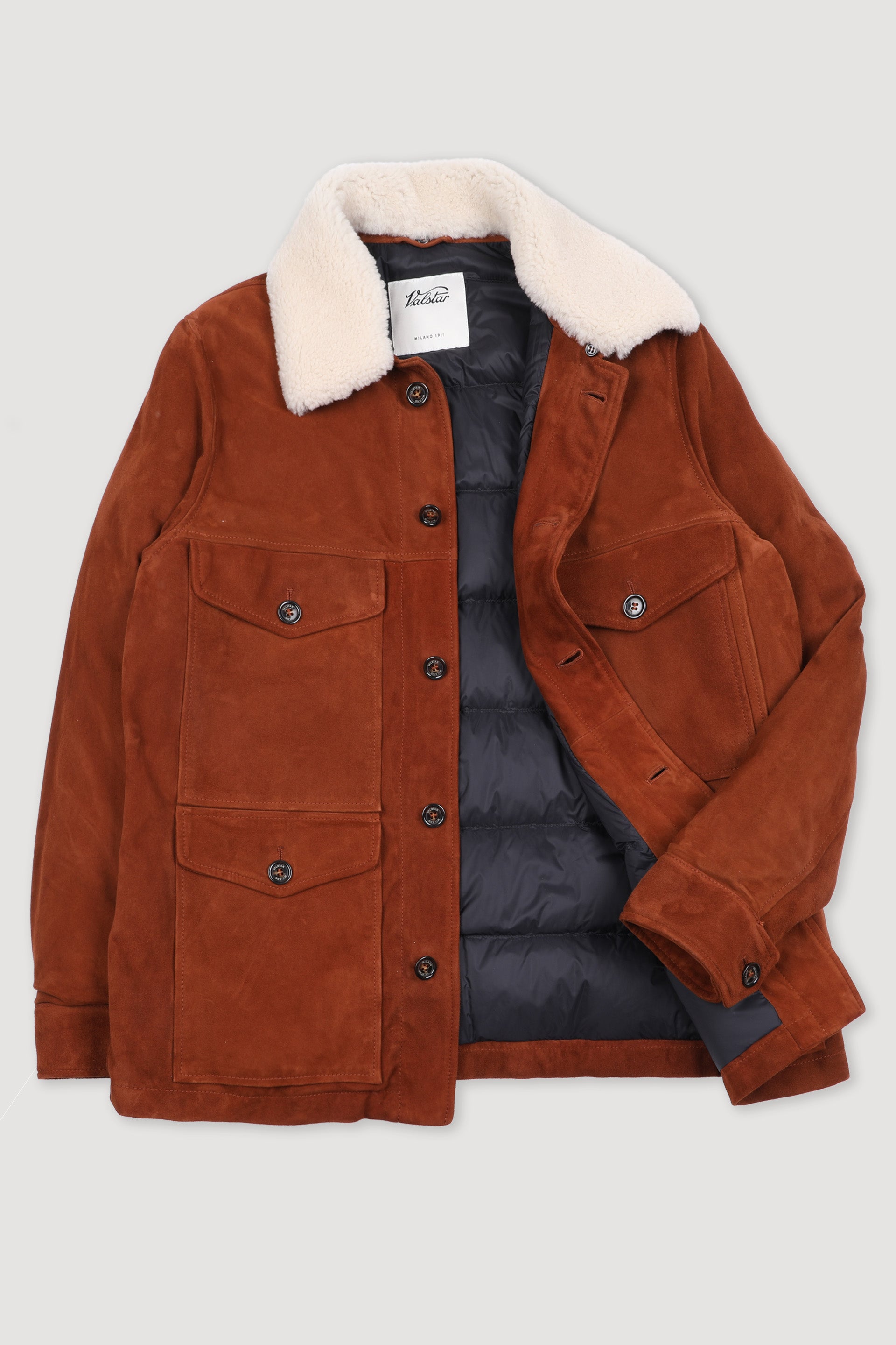 GIACCA MONTANA IMBOTTITA PIUMA, COLLO IN MONTONE, SUEDE - Brandy