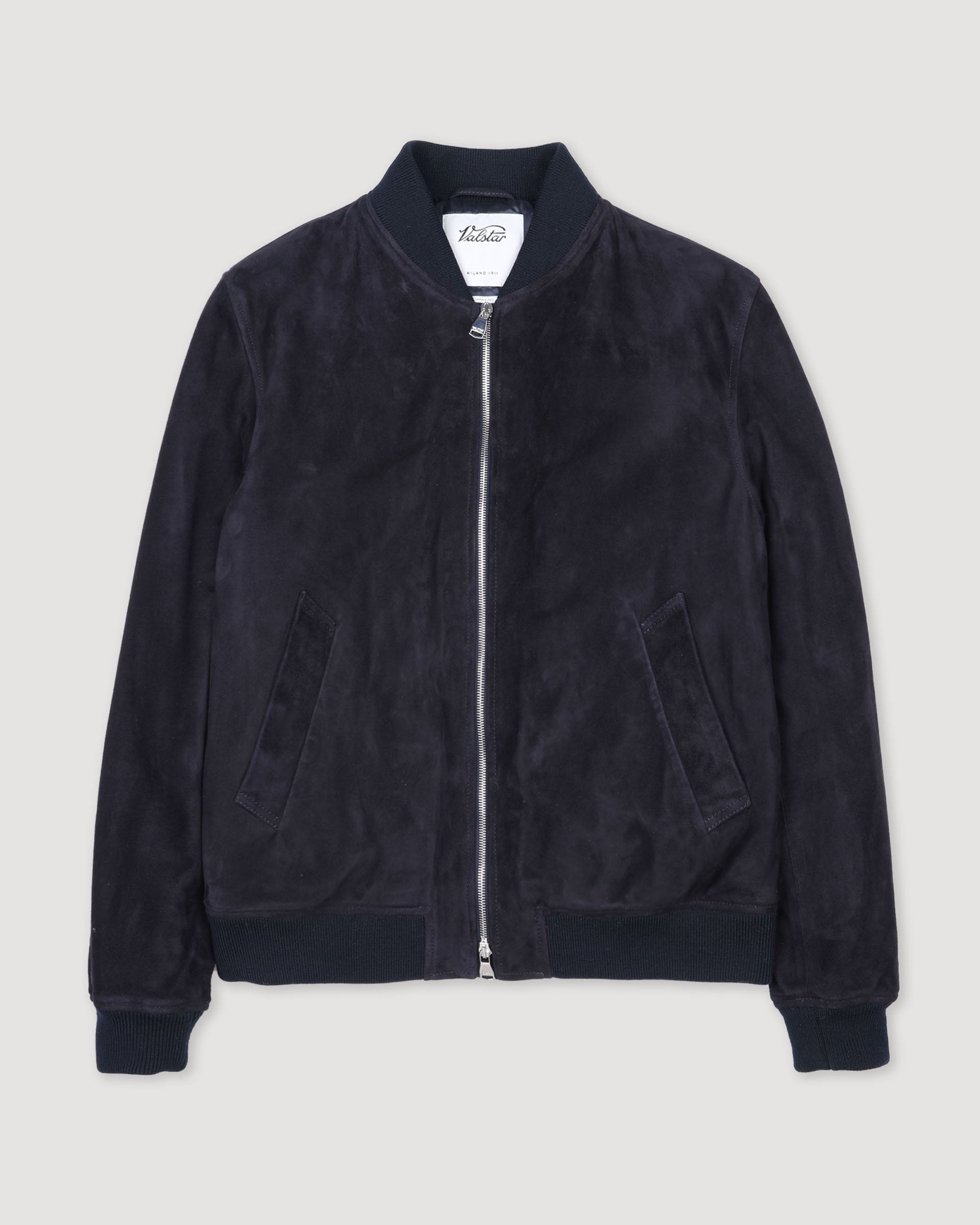 Padded bomber jacket in suede leather - Dark blue