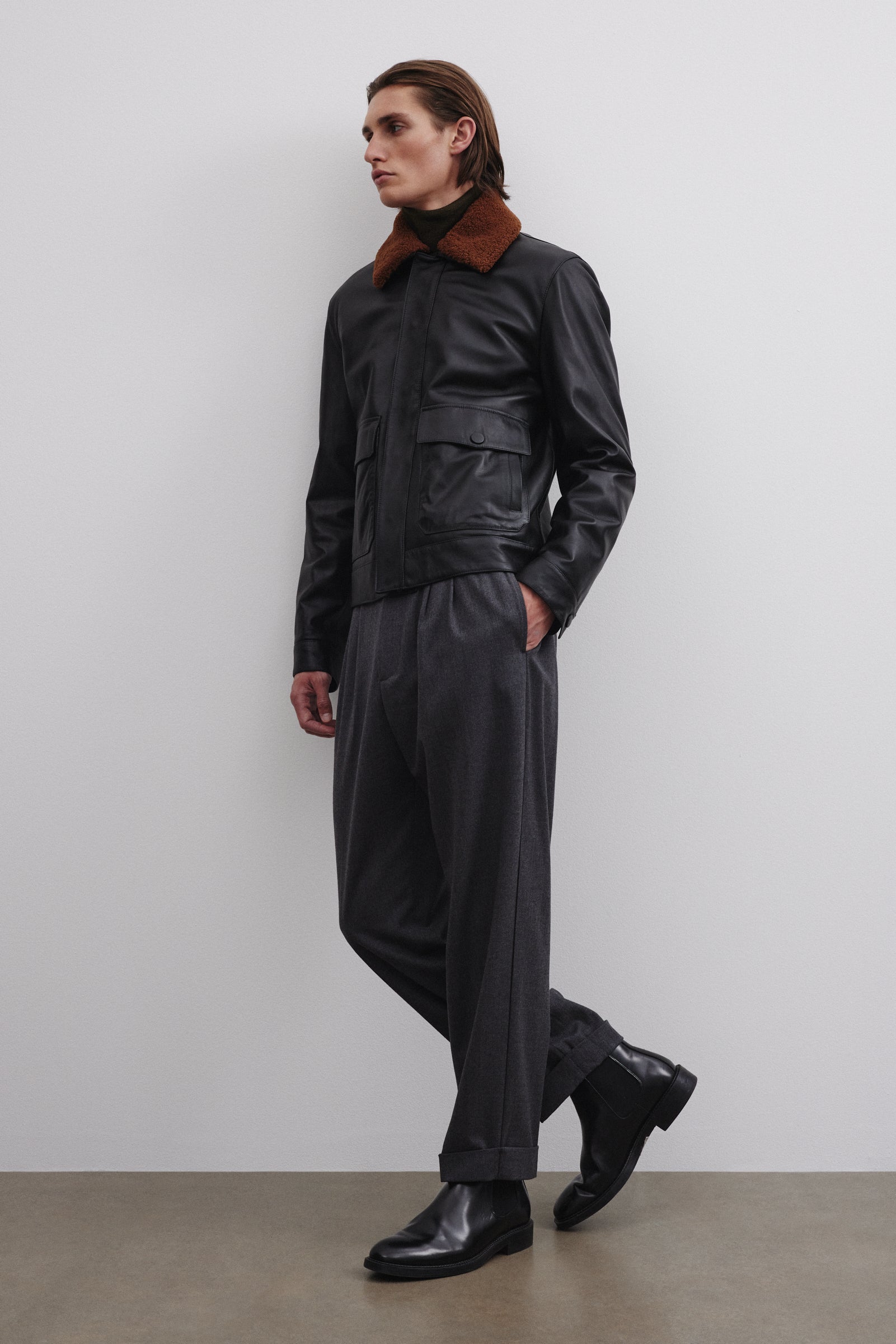 Giubbotto bomber Tom in nappa con collo in shearling, imbottoto. Black - Black