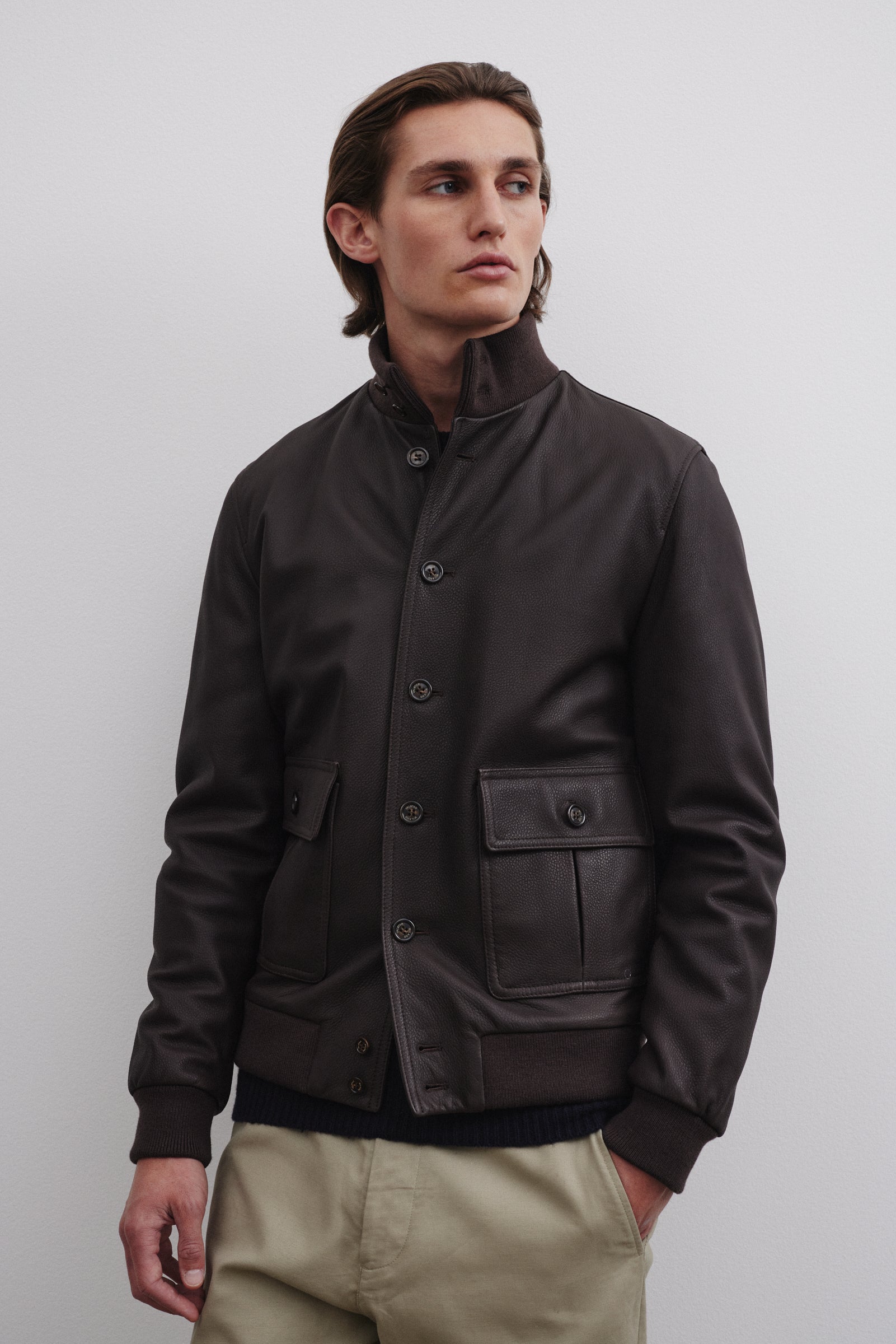 Padded valstarino jacket in grain leather. Brown - Ebano