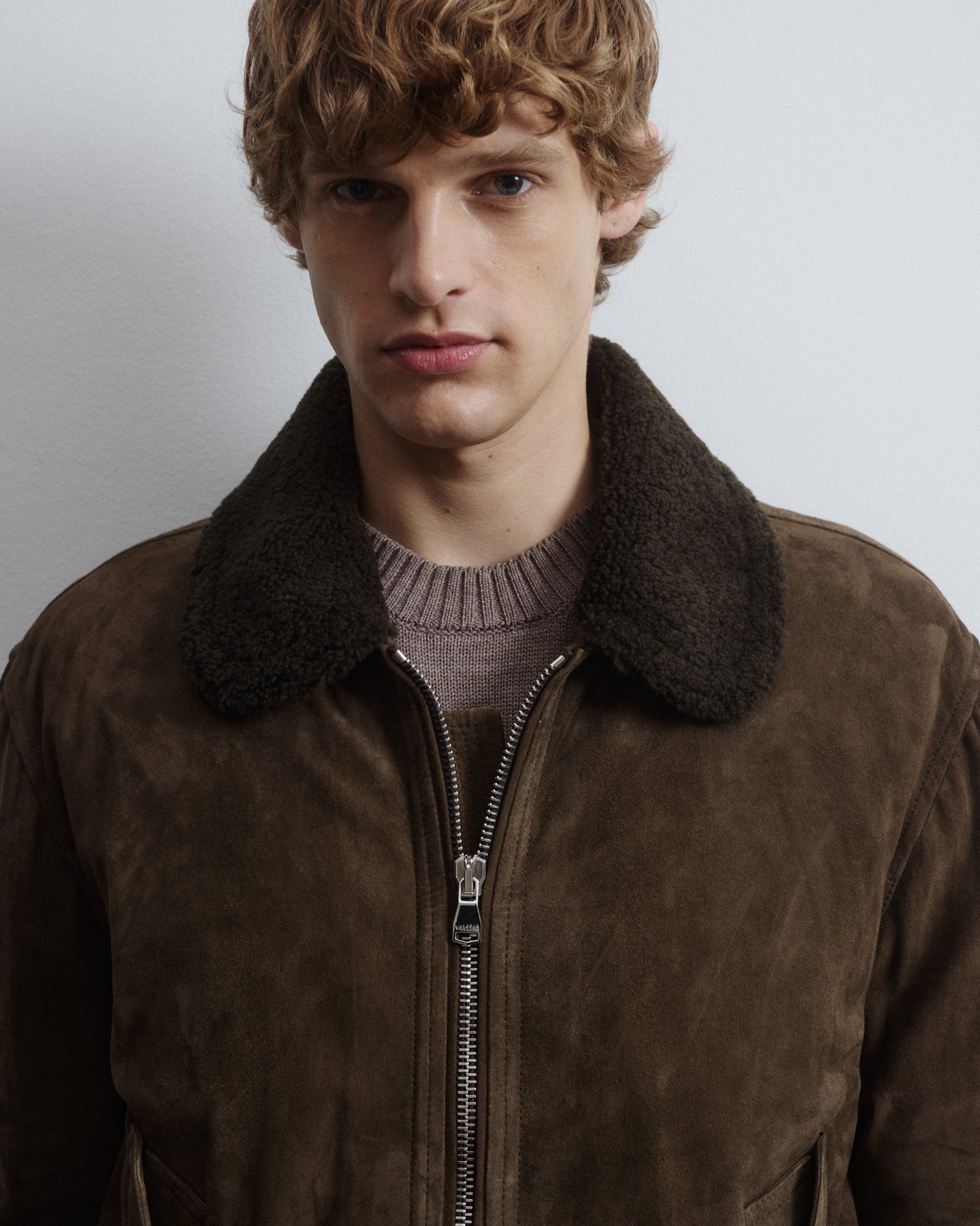 Cudden goose down flight jacket in suede leather with shearling collar