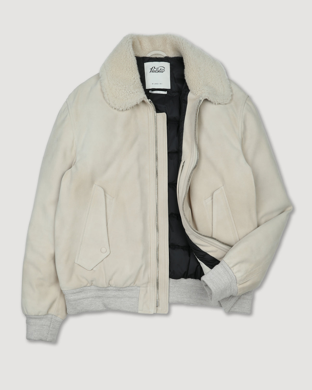 Giubbotto aviatore Cudden in suede, imbottito in piuma e rifinito con collo in montone. Beige - Rafia