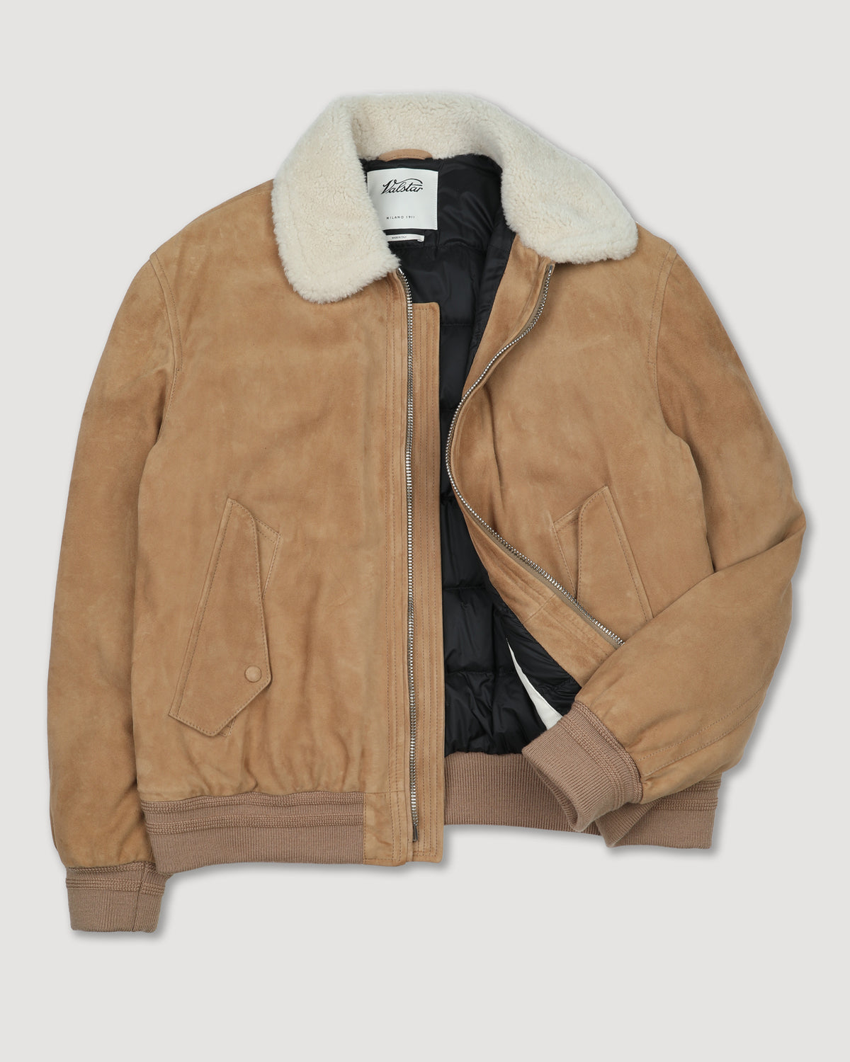 Giubbotto aviatore Cudden in suede, imbottito in piuma e rifinito con collo in montone. Beige - Arachide