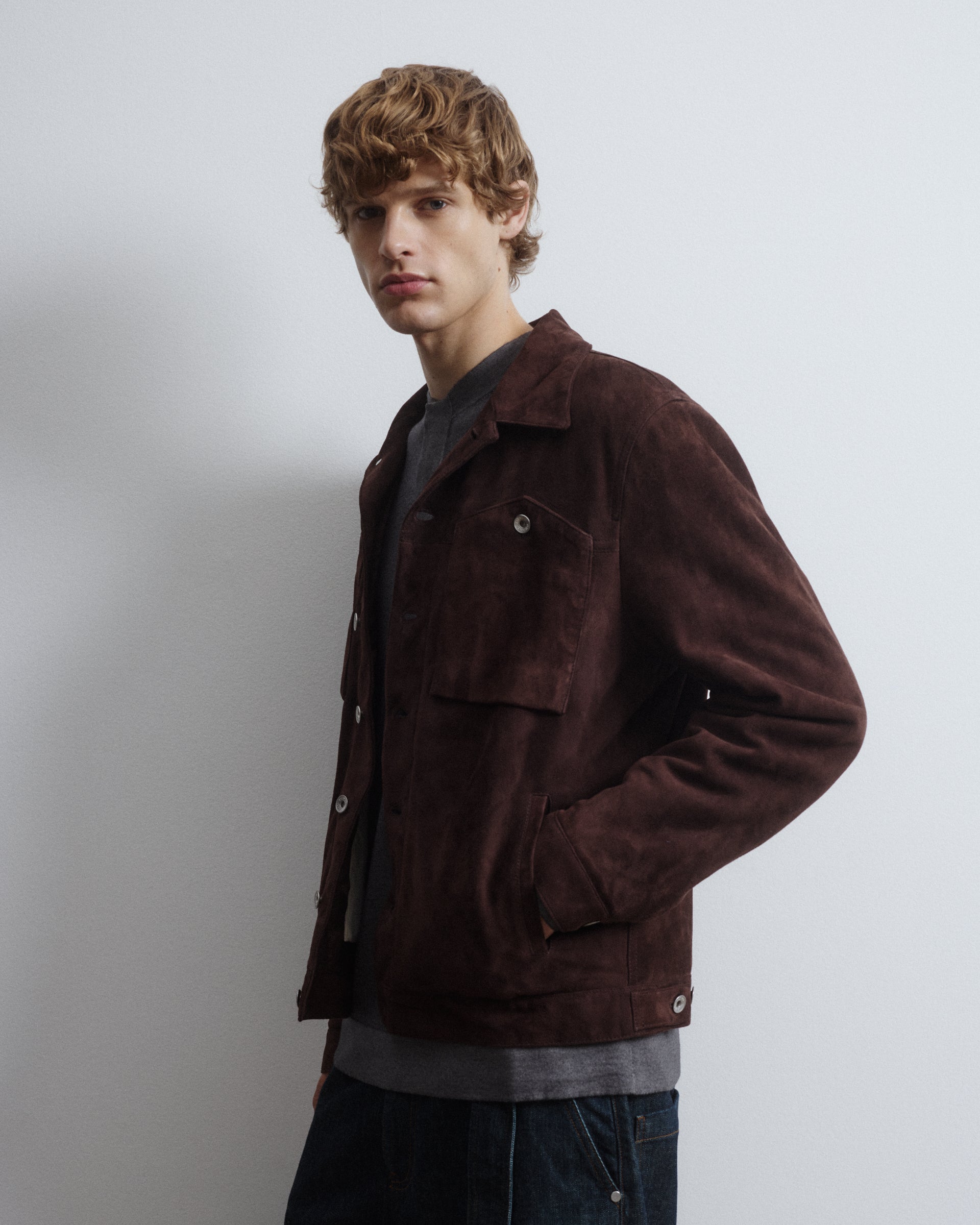 Roundy padded trucker jacket in suede leather. Brown - Caffè