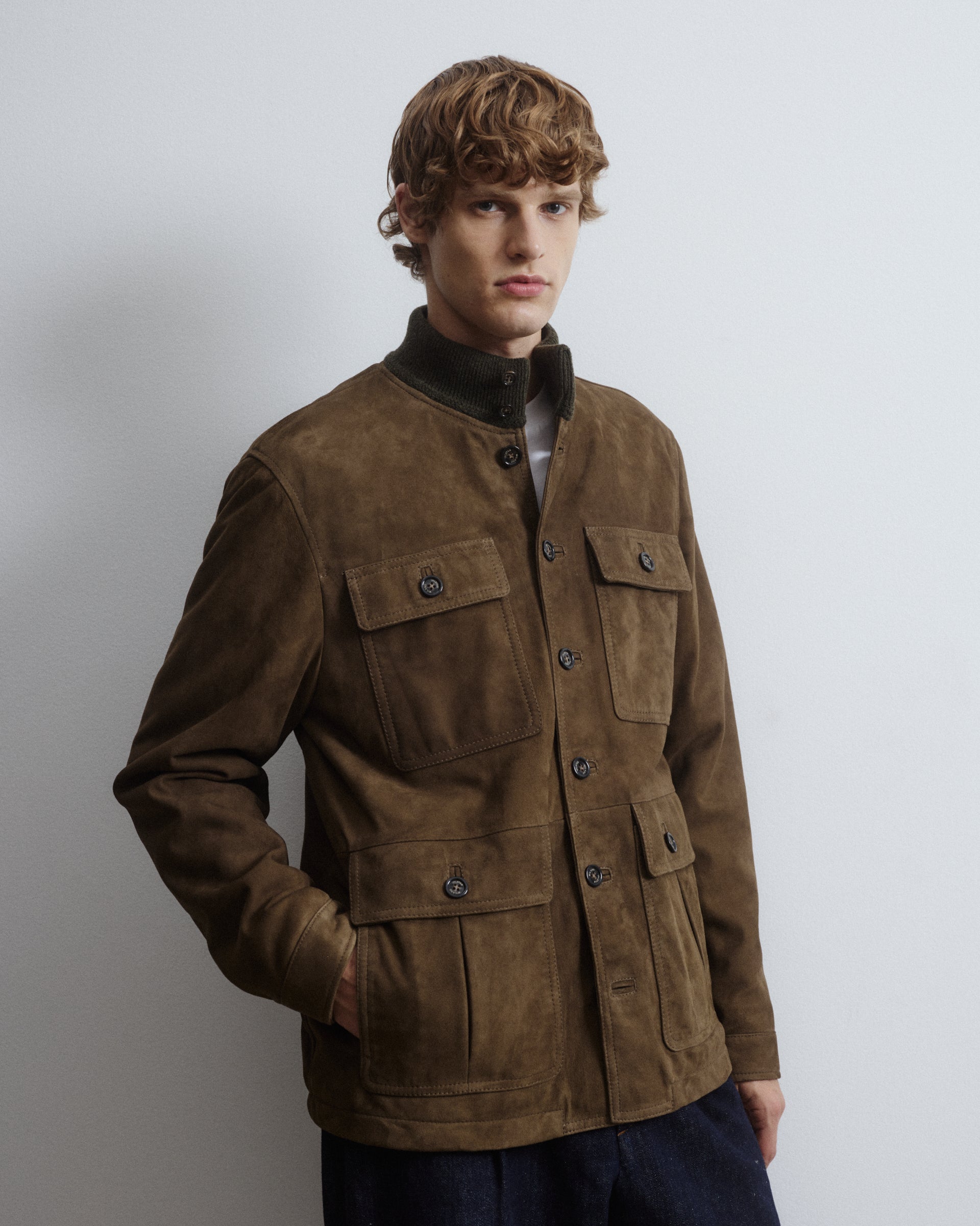 Brera padded field jacket in suede leather with a knitted collar. Gree