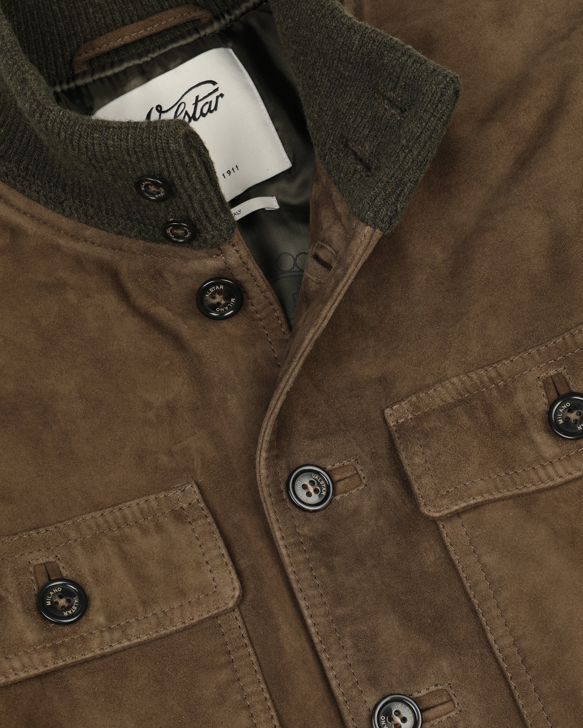 Brera padded field jacket in suede leather with a knitted collar. Gree