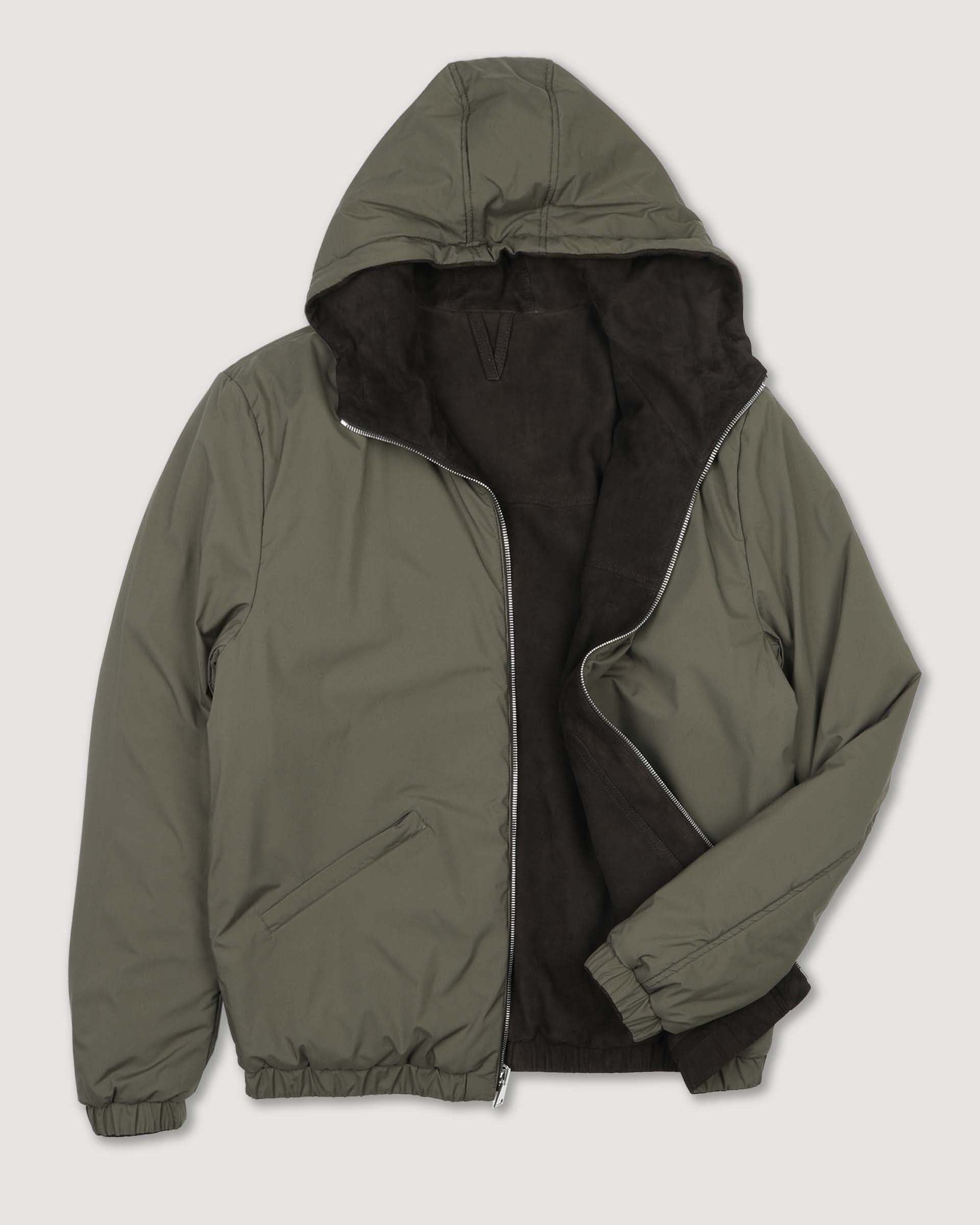 Giubbotto Coyle reversibile con cappuccio in suede e tessuto waterproof. Marrone - Ebano/Military