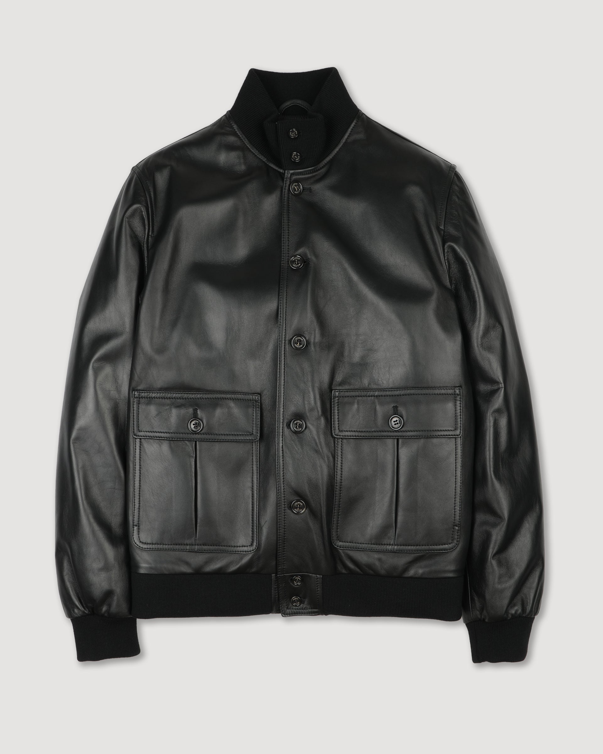 UOMO-GIUBBOTTO (VALSTARINO ) COLLO ALTO CON BOTTONI E ZIP ,TASCHE APPLICATE ,IN NAPPA IMBOTTITO IN PIUMA, COLLO POLSI E FONDO SMACCHINATI IN MISTO LANA - Black