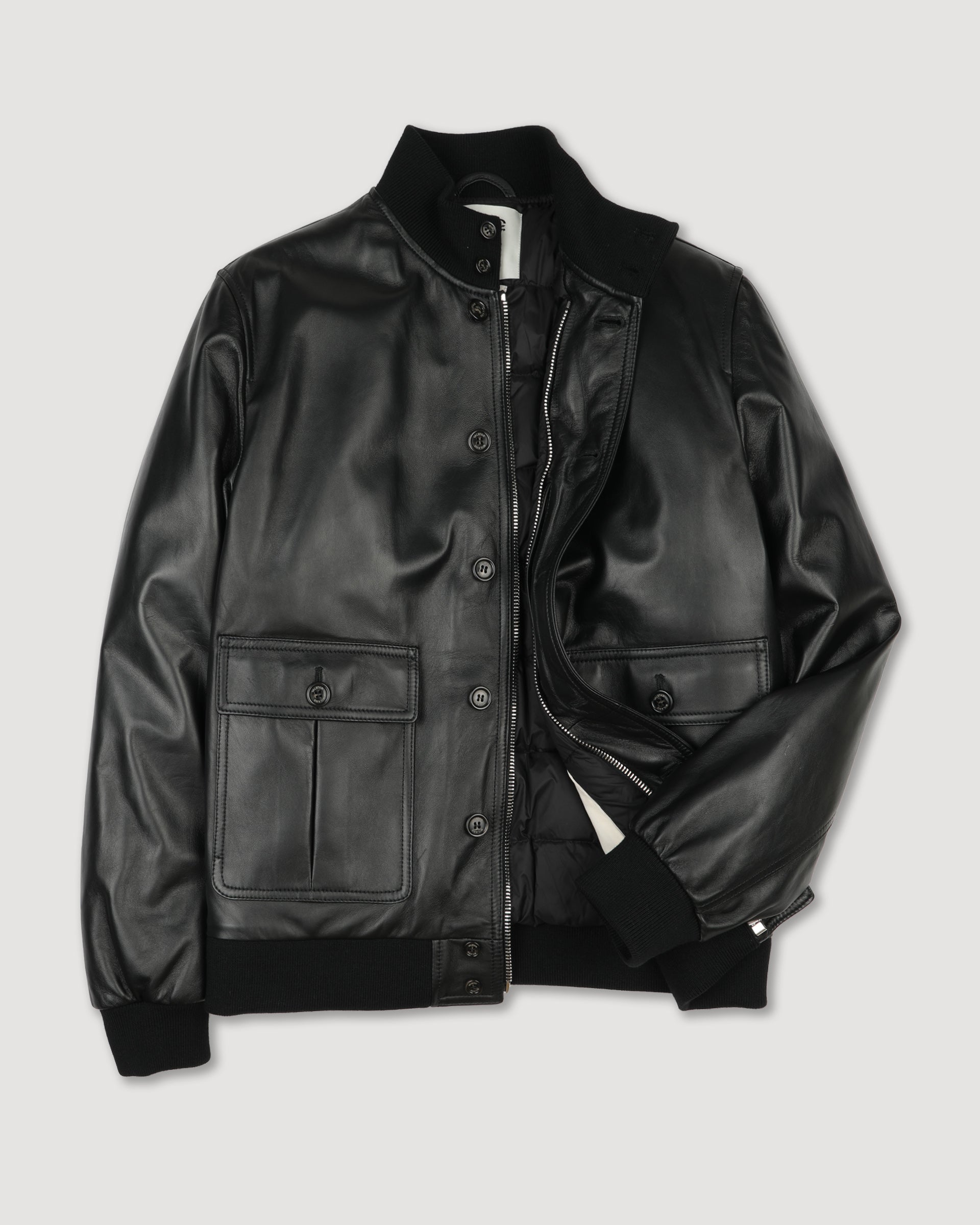 UOMO-GIUBBOTTO (VALSTARINO ) COLLO ALTO CON BOTTONI E ZIP ,TASCHE APPLICATE ,IN NAPPA IMBOTTITO IN PIUMA, COLLO POLSI E FONDO SMACCHINATI IN MISTO LANA - Black