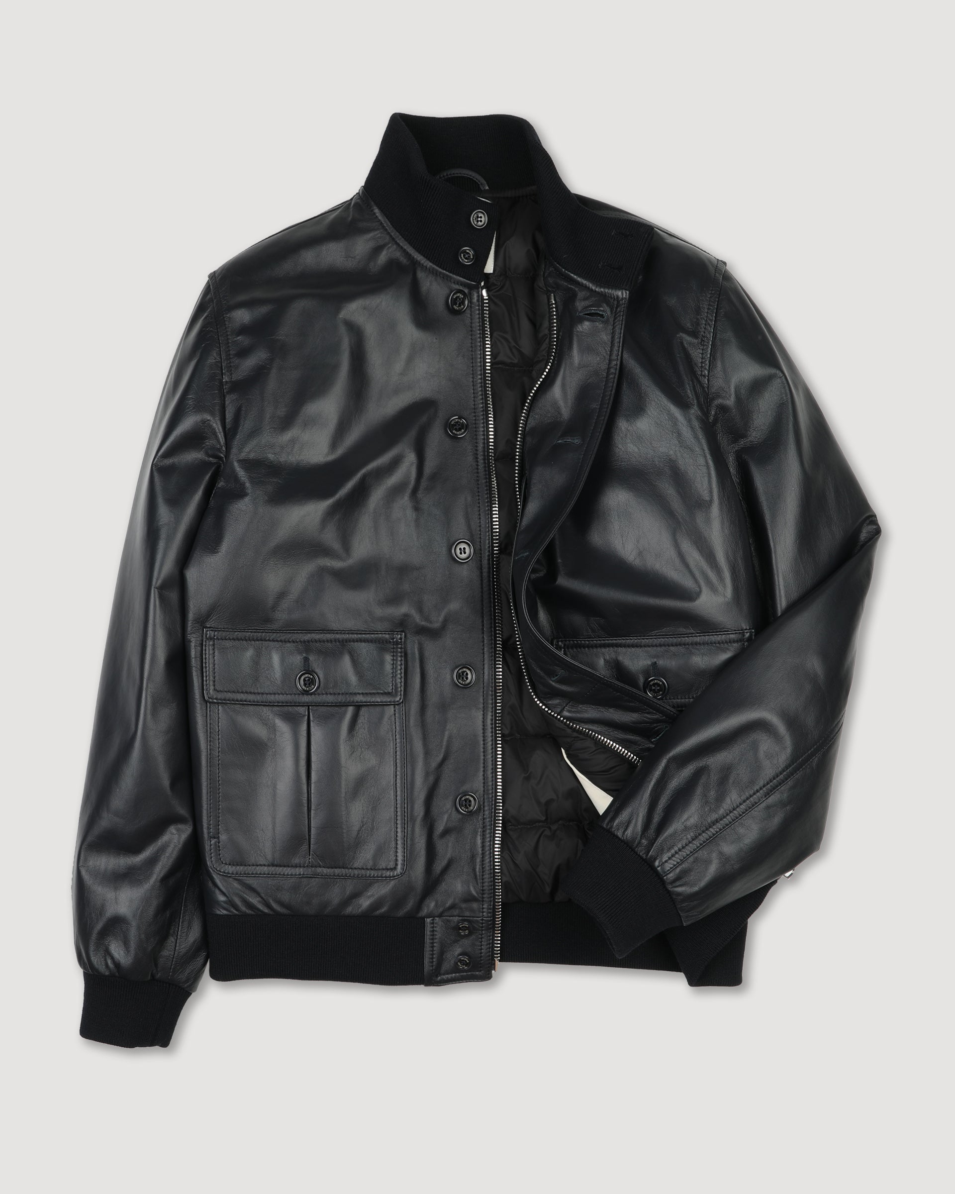 UOMO-GIUBBOTTO (VALSTARINO ) COLLO ALTO CON BOTTONI E ZIP ,TASCHE APPLICATE ,IN NAPPA IMBOTTITO IN PIUMA, COLLO POLSI E FONDO SMACCHINATI IN MISTO LANA - Navy