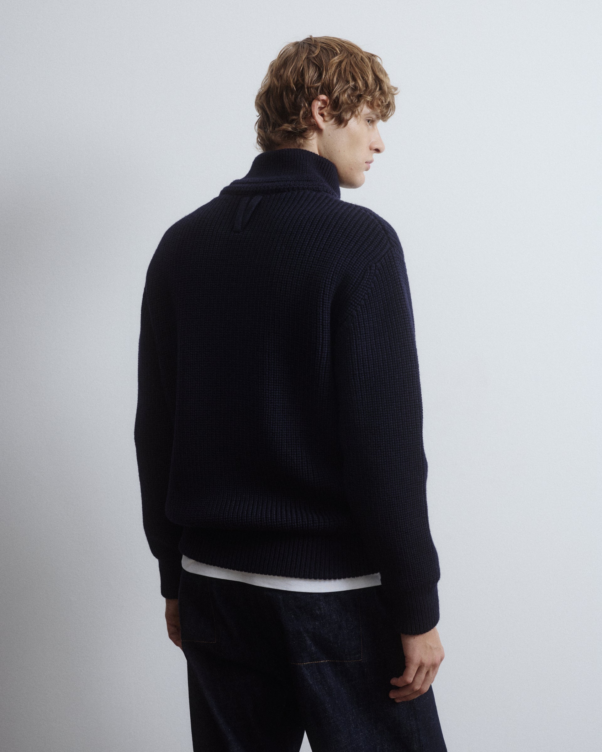 Giubbotto full-zip Camionaire in pura lana vergine realizzato in mezza maglia inglese, foderato. Blu - Navy