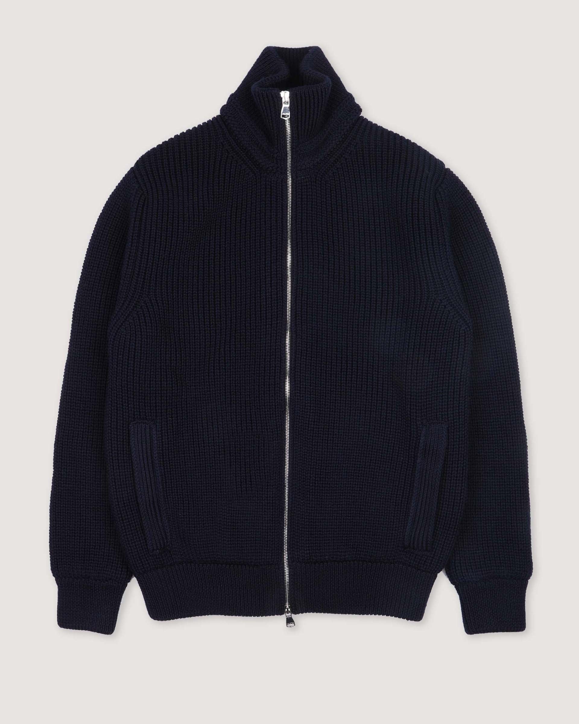 Giubbotto full-zip Camionaire in pura lana vergine realizzato in mezza maglia inglese, foderato. Blu - Navy