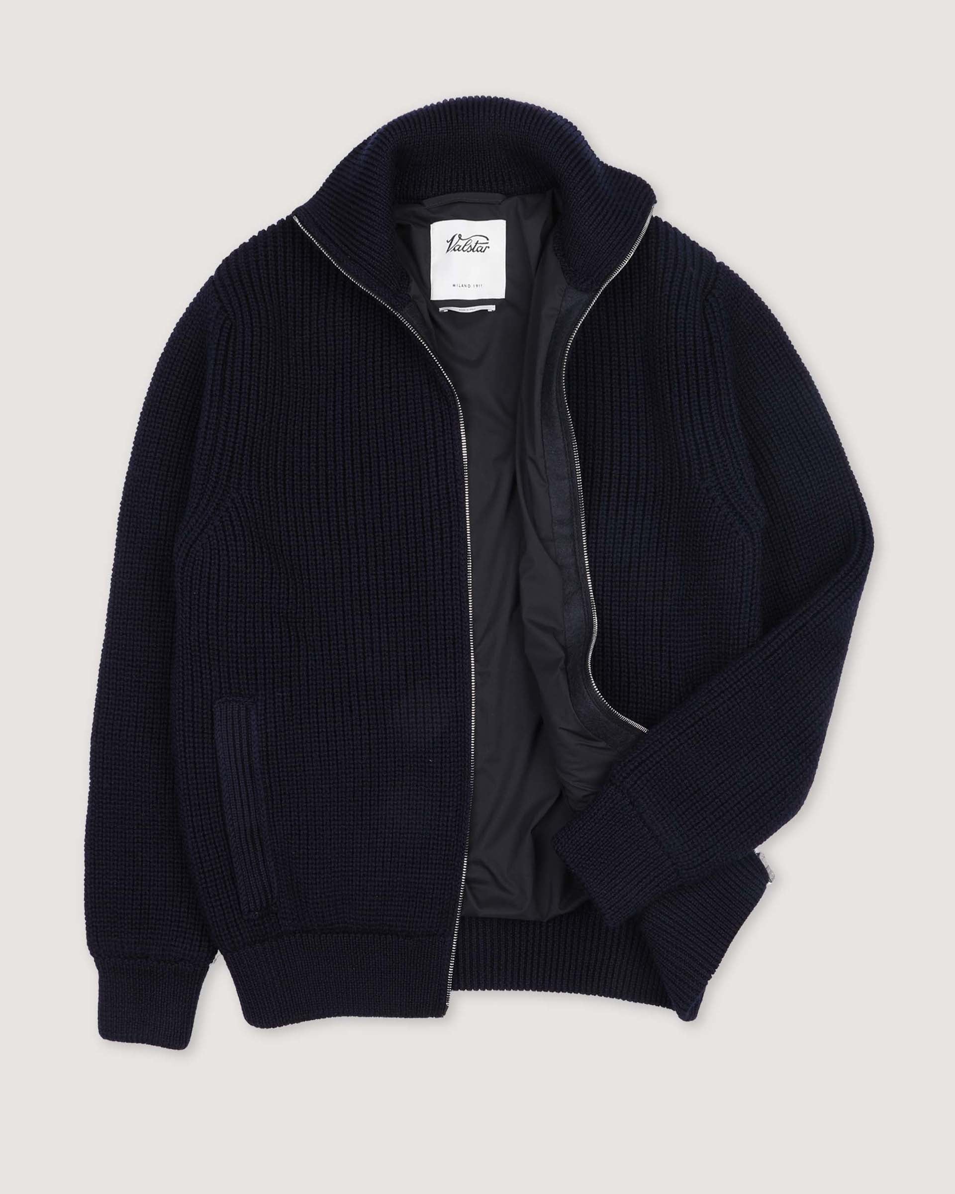 Giubbotto full-zip Camionaire in pura lana vergine realizzato in mezza maglia inglese, foderato. Blu - Navy