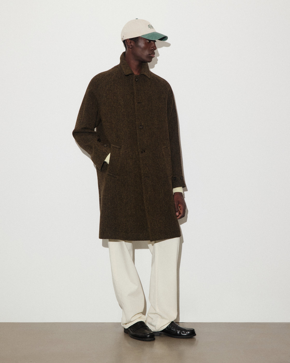 Cappotto Vittorio in pura lana vergine fantasia broken twill, foderato. Verde - Militare/Tabacco