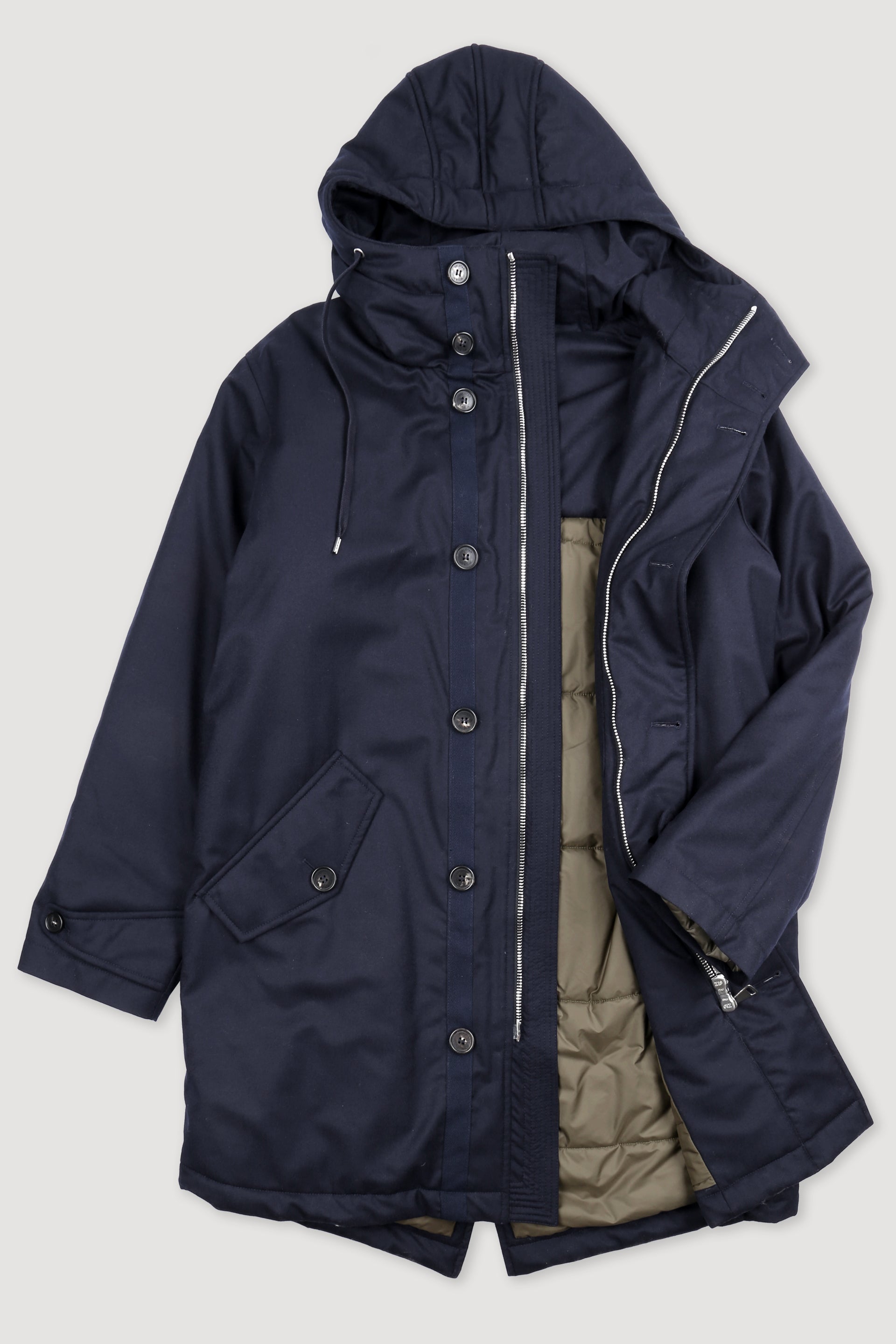 Parka con cappuccio in flanella tecnica di pura lana vergine, imbottito. Blu - Navy