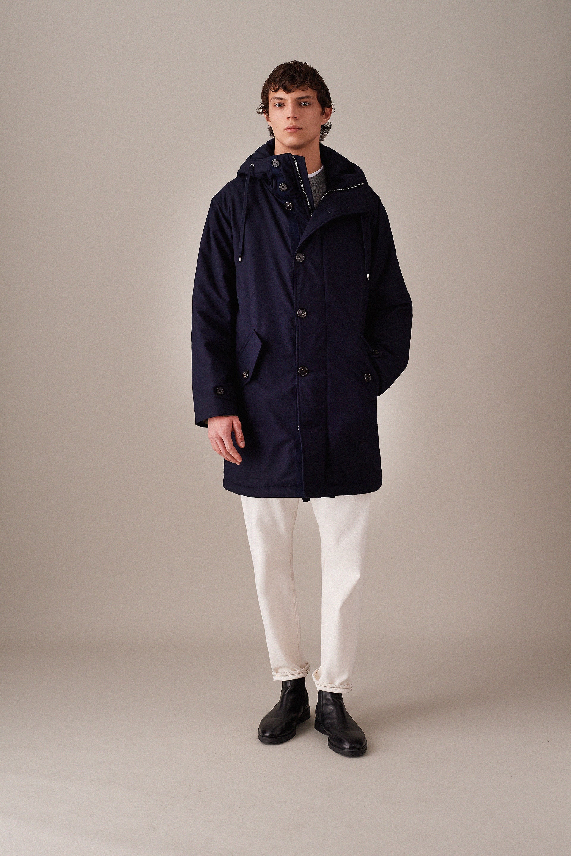 Technical parka jacket in virgin wool flannel. Blue - Navy