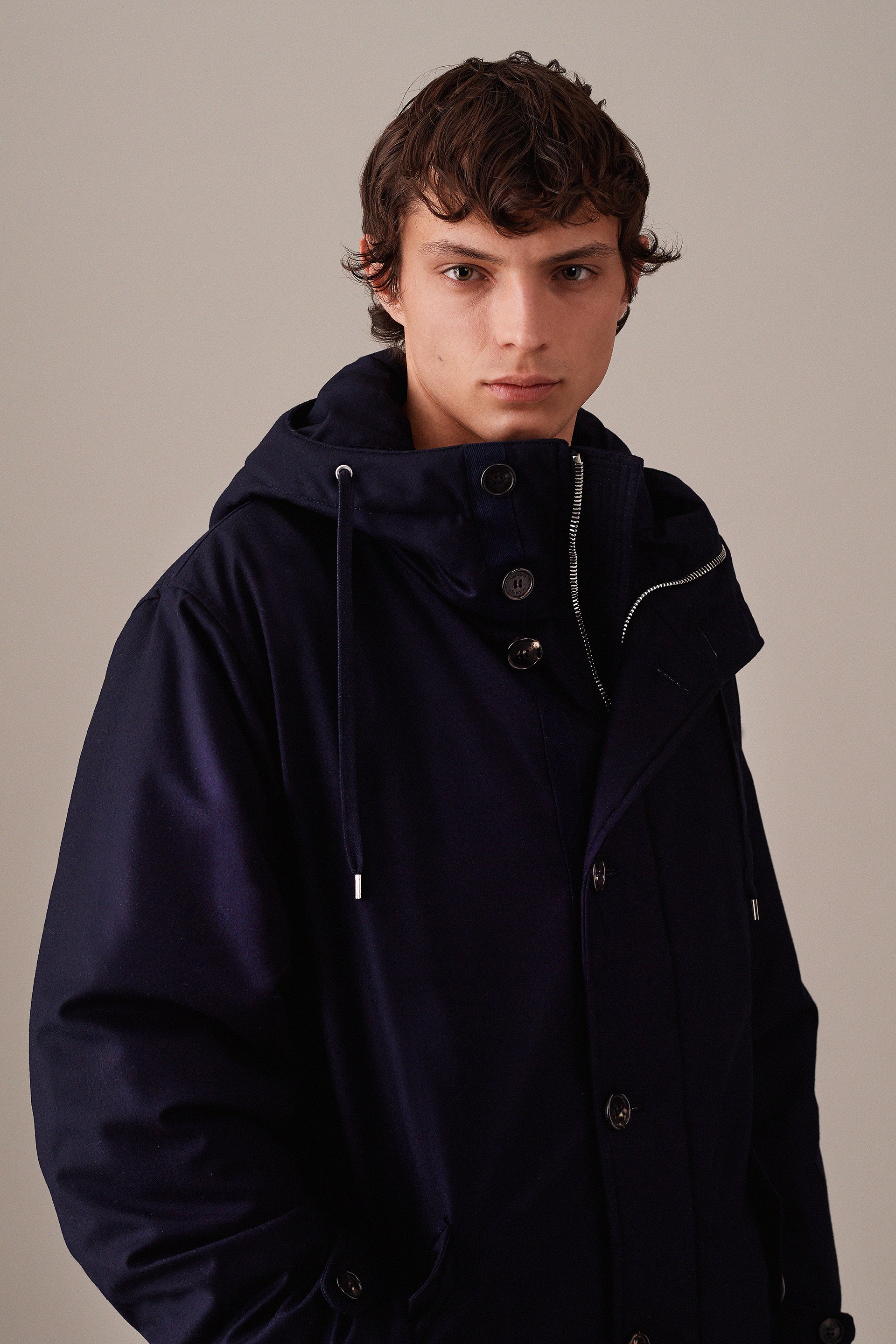 Technical parka jacket in virgin wool flannel. Blue - Navy