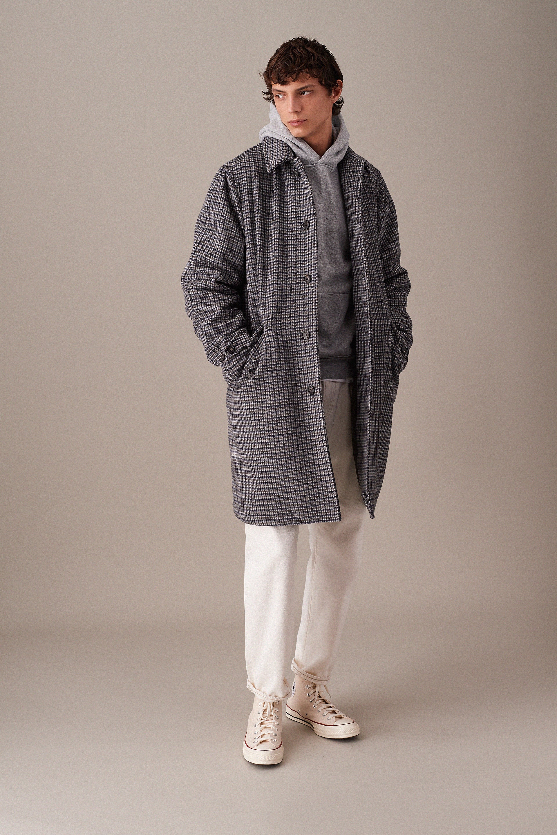 Cappotto in pura lana vergine fantasia Pied de Poule, imbottito. - Latte|Grigio|Nero