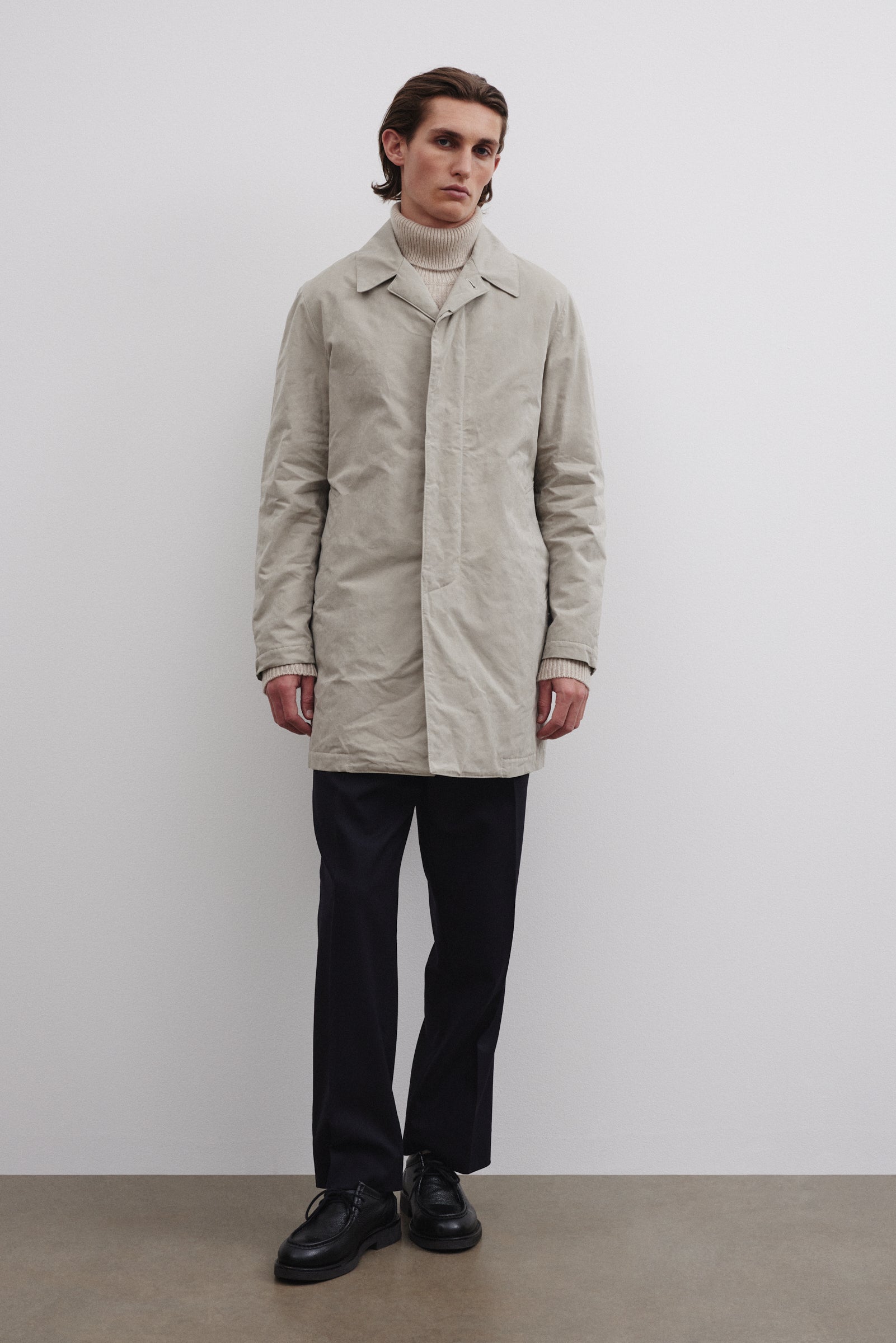 TRENCH COAT MILANO, TESSUTO MISTO COTONE CERATO WR, IMBOTTITO - Ghiaia