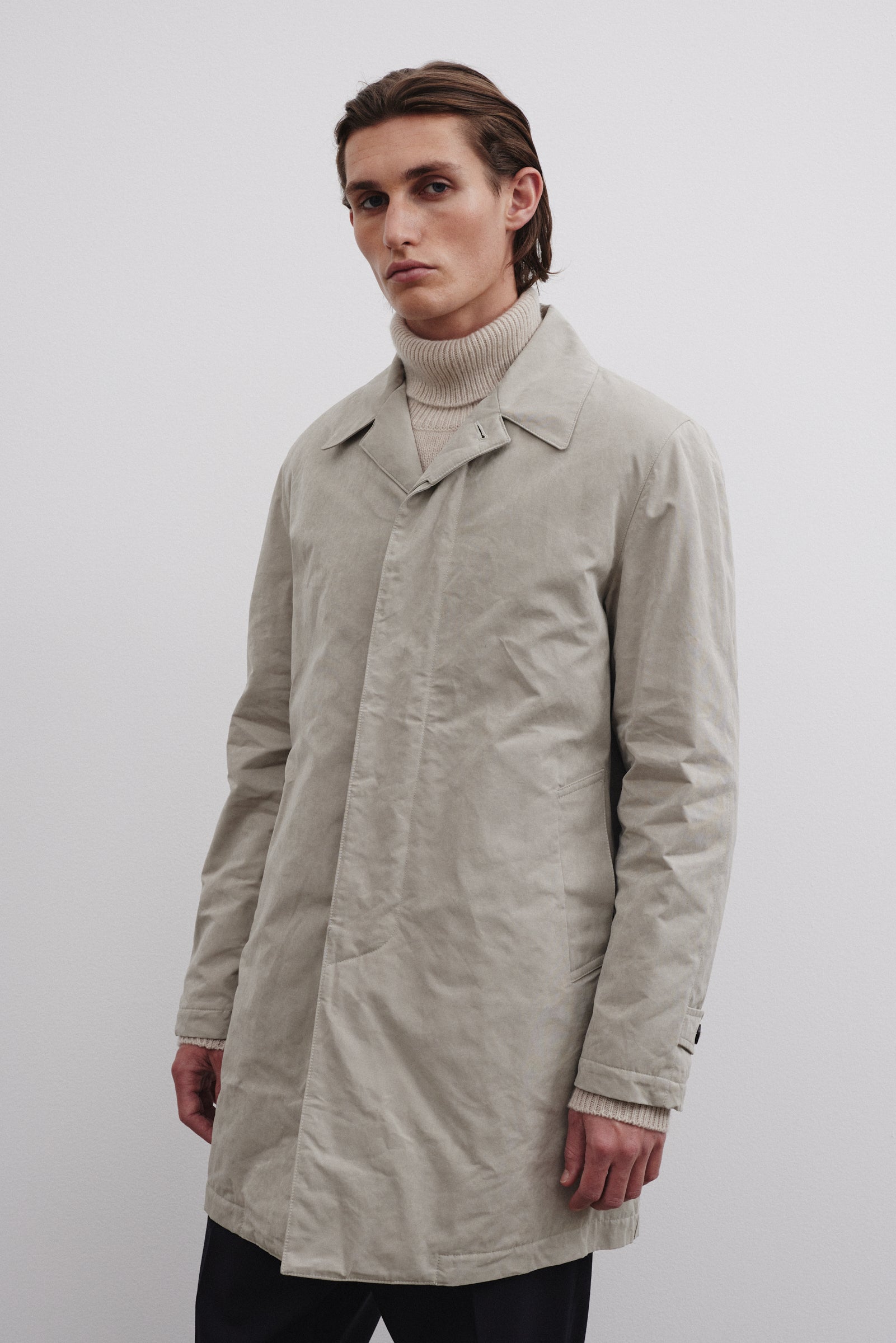 TRENCH COAT MILANO, TESSUTO MISTO COTONE CERATO WR, IMBOTTITO - Ghiaia