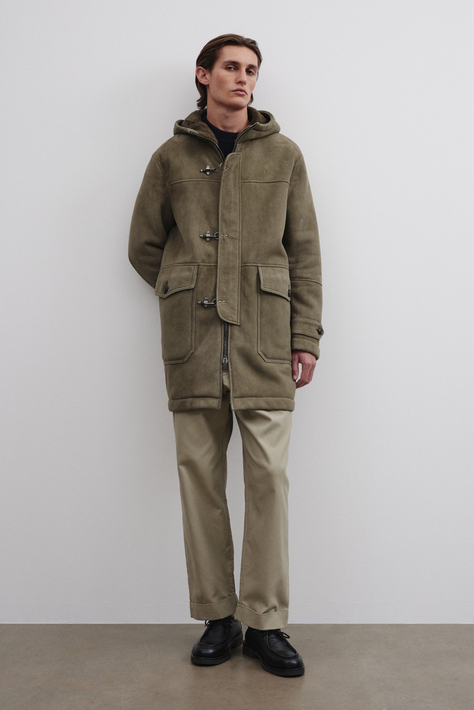 Parka Fireman in montone suede. Verde - Fatigue green