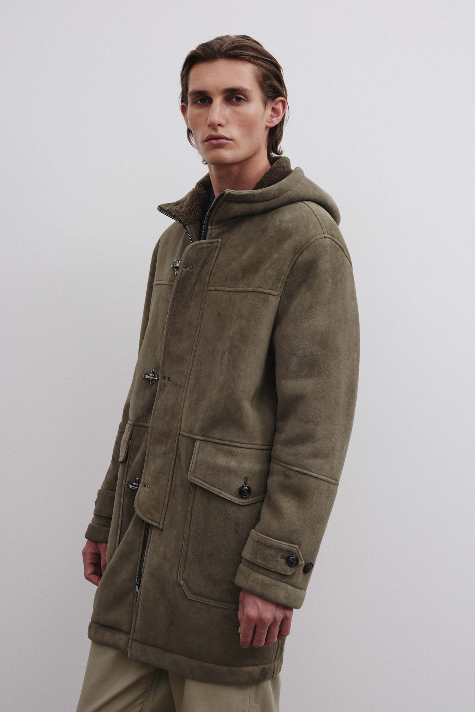 Parka Fireman in montone suede. Verde - Fatigue green