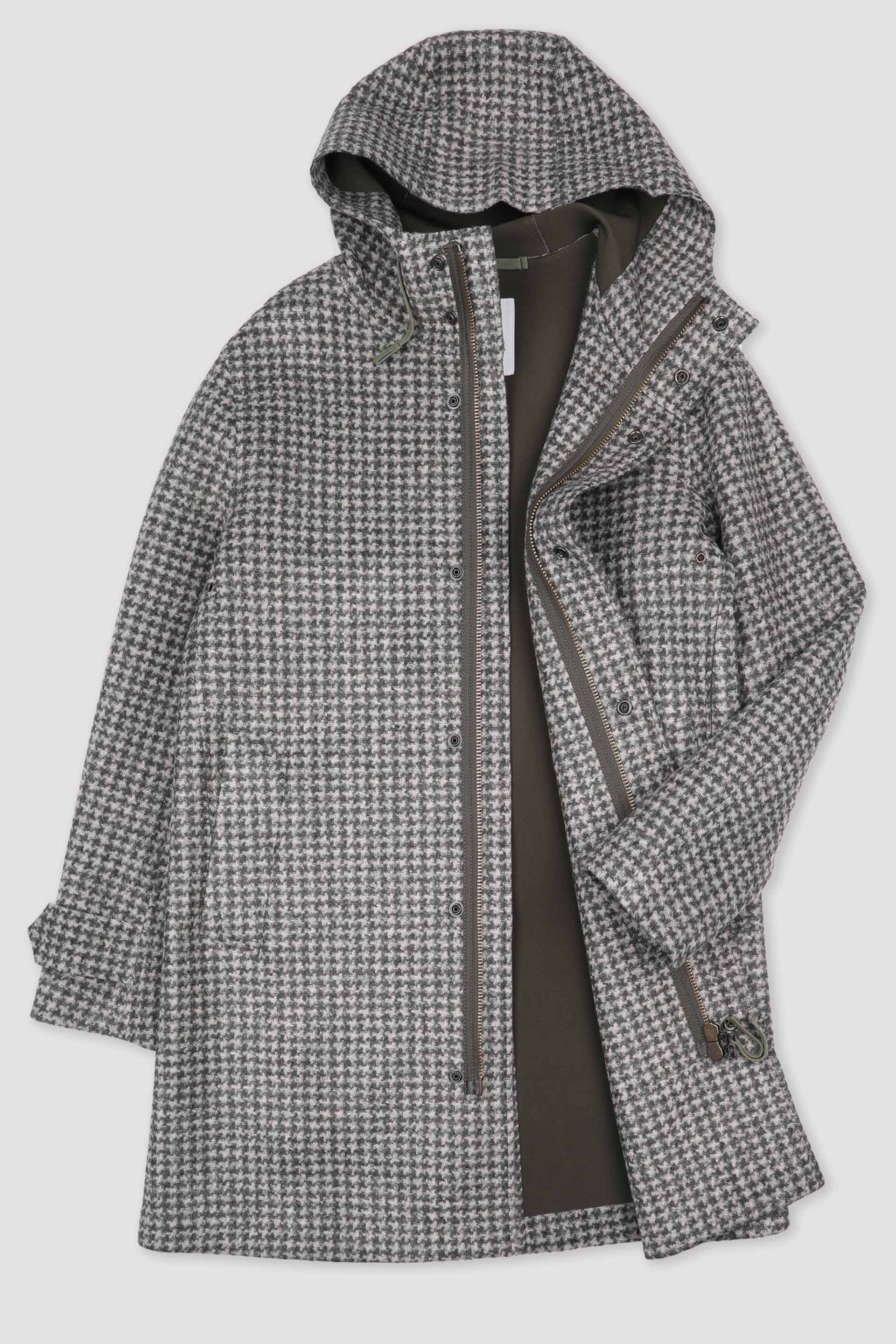 Parka con cappuccio in jersey tecnico, fantasia pied poule. Bicolore - Ecrù/Arbusto