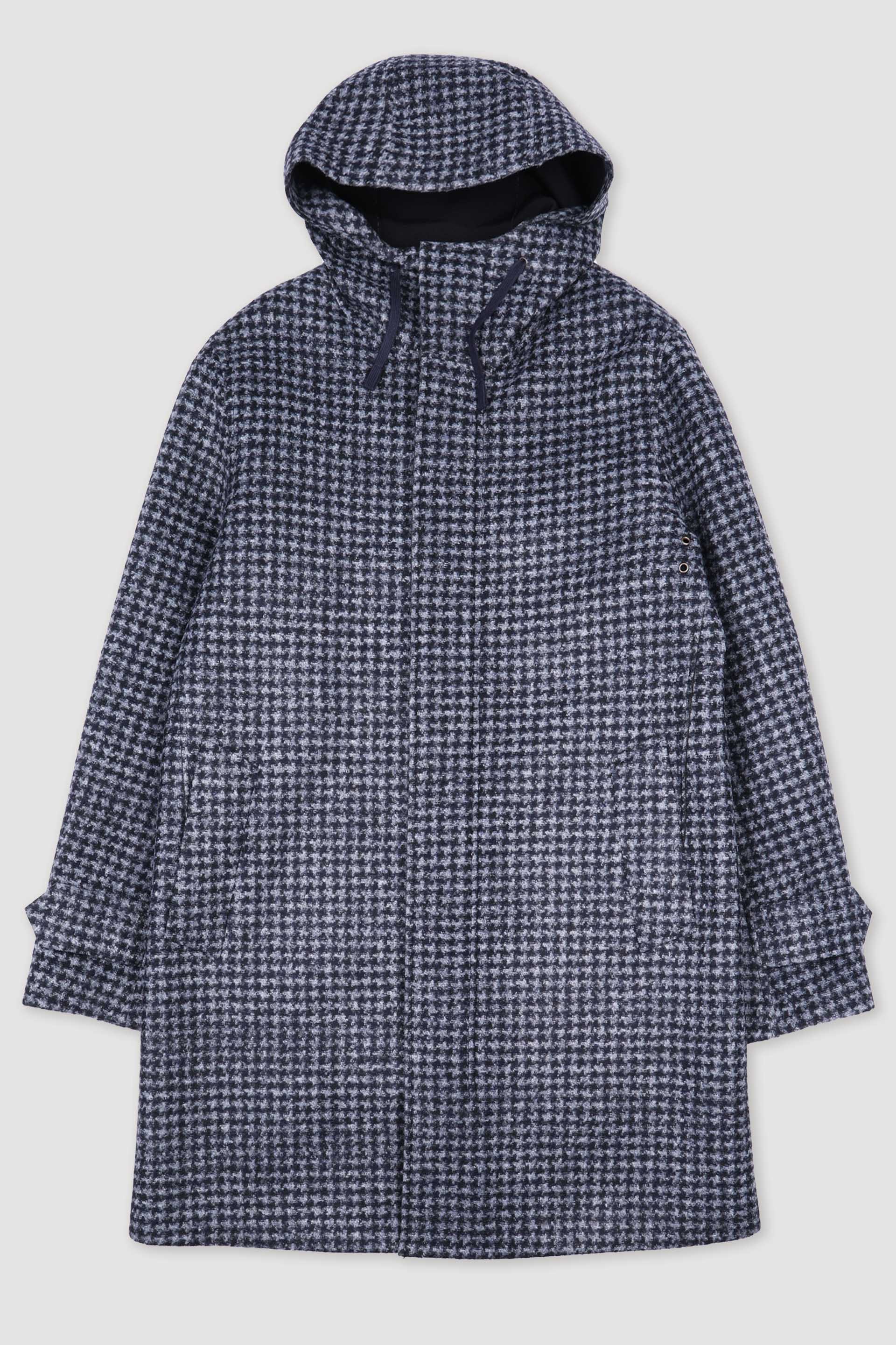 Parka con cappuccio in jersey tecnico, fantasia pied poule. Bicolore - Navy blue/Grigio